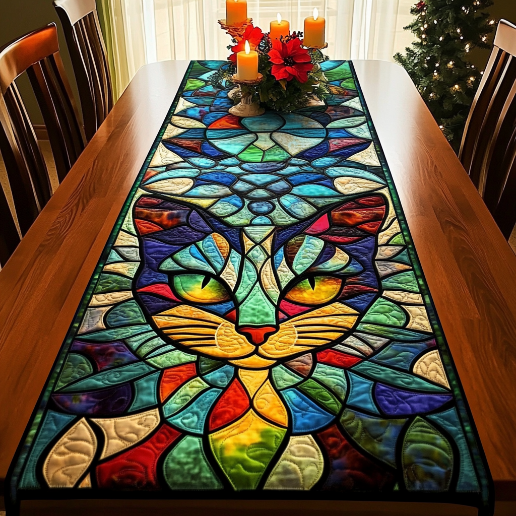 Majestic Cat Quilted Table Runner Christmas Holiday Dining Table Runner Cat Christmas Present Ideas