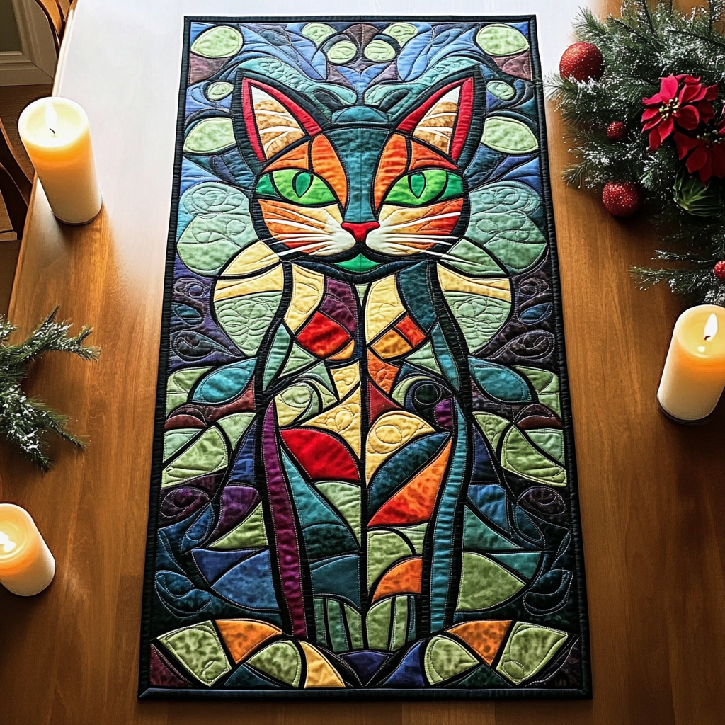 Majestic Cat Quilted Table Runner Decorations Christmas Gifts For Cat Lover Owners