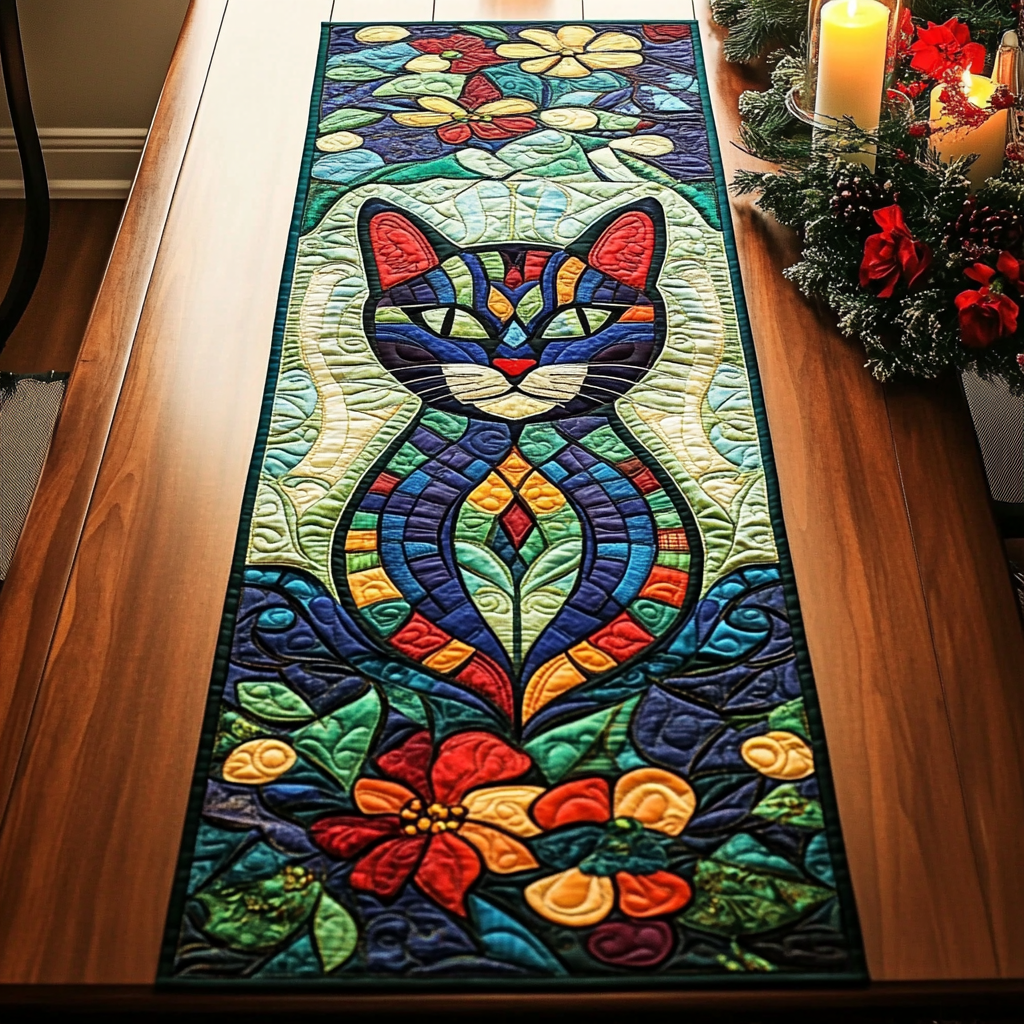 Majestic Cat Quilted Table Runner Holiday Christmas Gifts For Cat Owners For Her