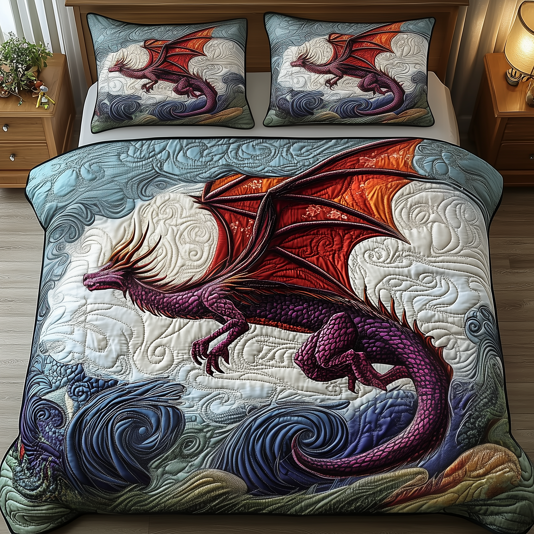 Majestic Dragon Quilted Bedding Set Dragonfly Christmas Gifts