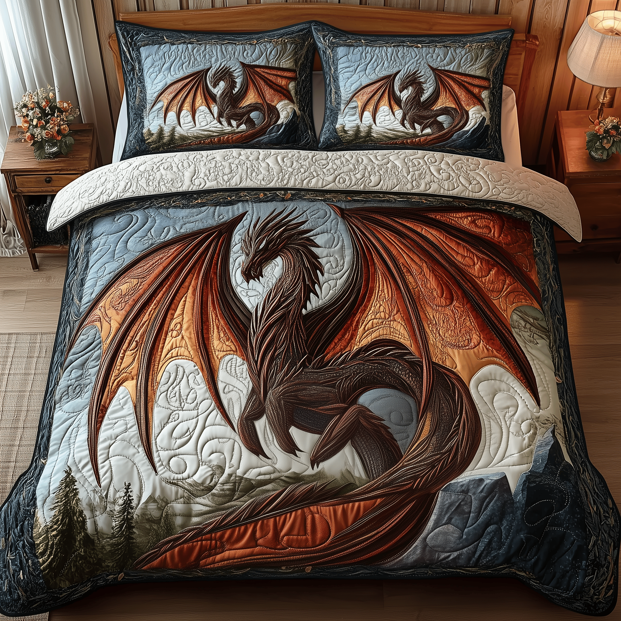 Majestic Dragon Quilted Bedding Set Dragonfly Gift Items