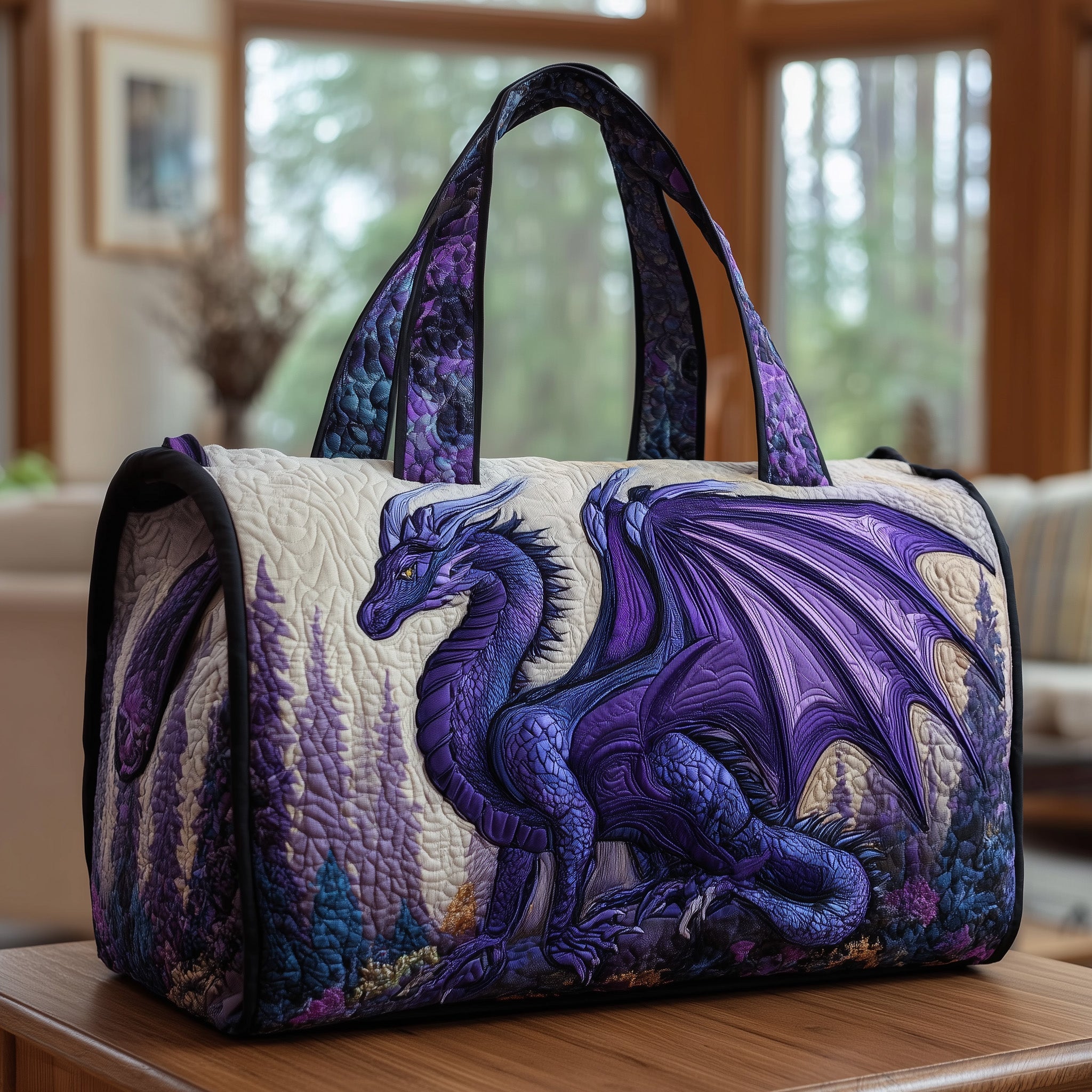 Majestic Dragon Quilted Duffle Bag Organized Storage Pockets