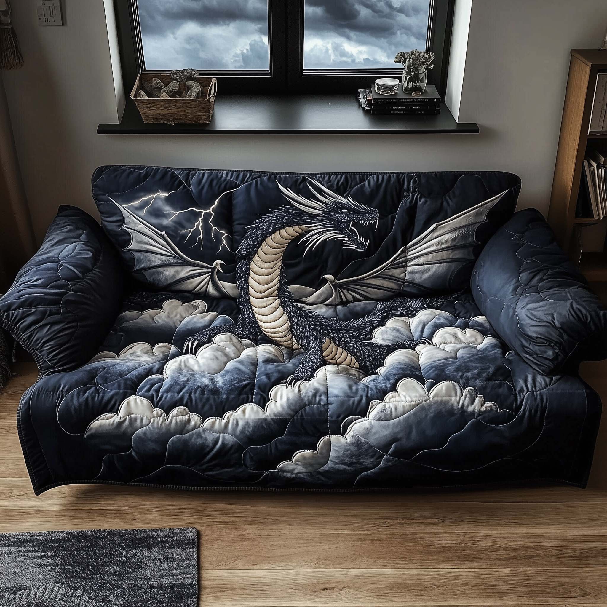 Majestic Dragon Quilted Sofa Cover Fearsome Wyvern Motif Great Dragon Lover Gifts