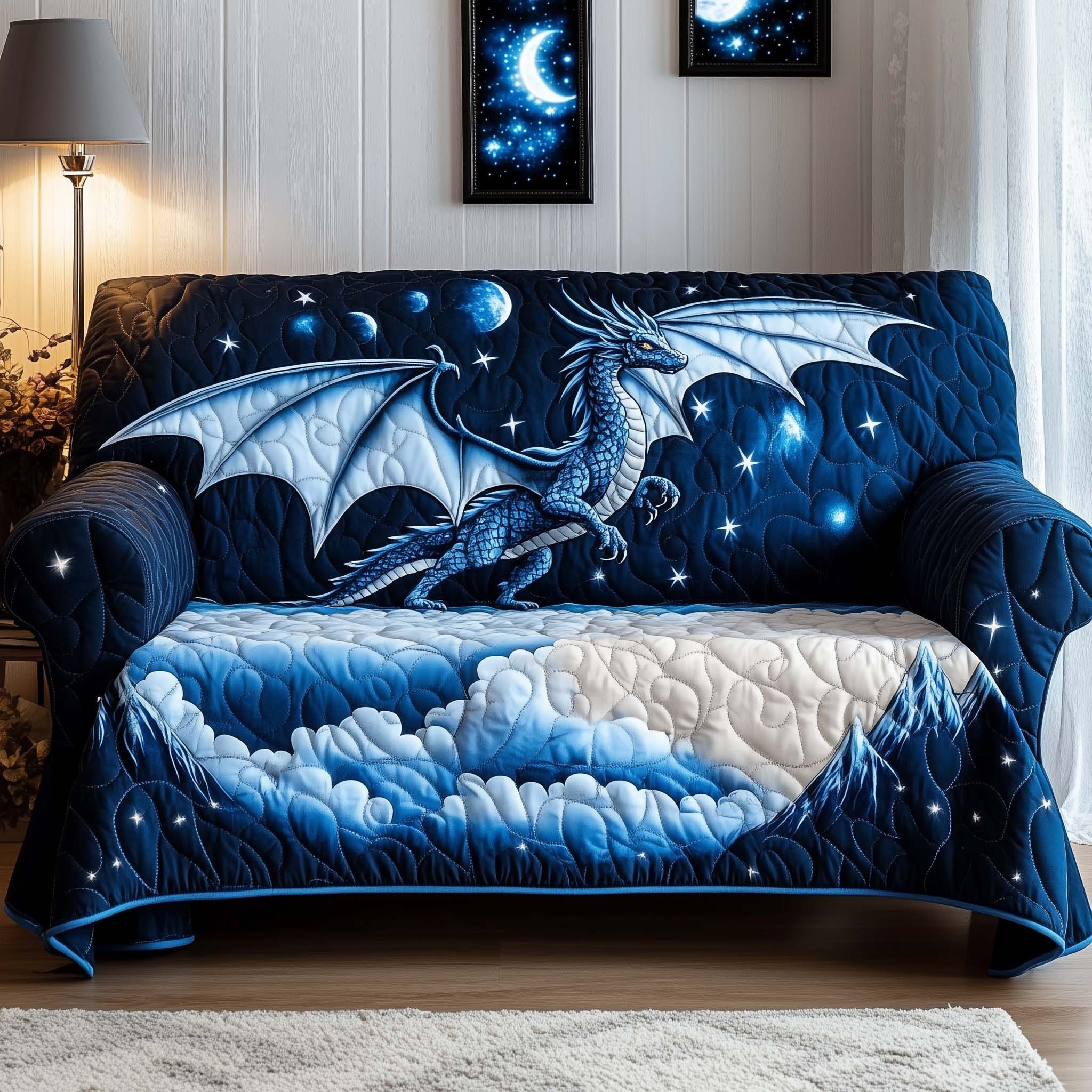 Majestic Dragon Quilted Sofa Cover Regal Wyvern Scales Accent Great Dragon Lover Gifts