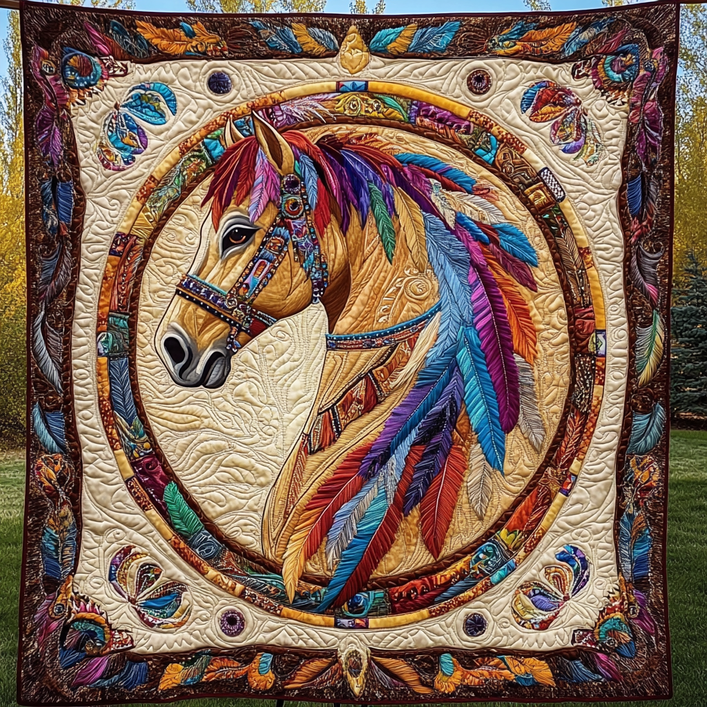 Majestic Feathered Stallion Quilted Blanket Native American Blanket Unique Gifts For Horse Lovers