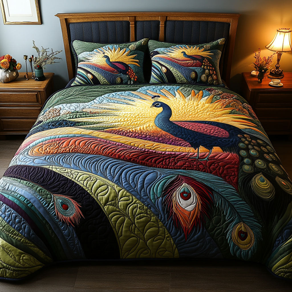 Majestic Feathers and Fields Quilted Bedding Set Unique Bed Sheet Set Best Gifts For Peacock Lovers