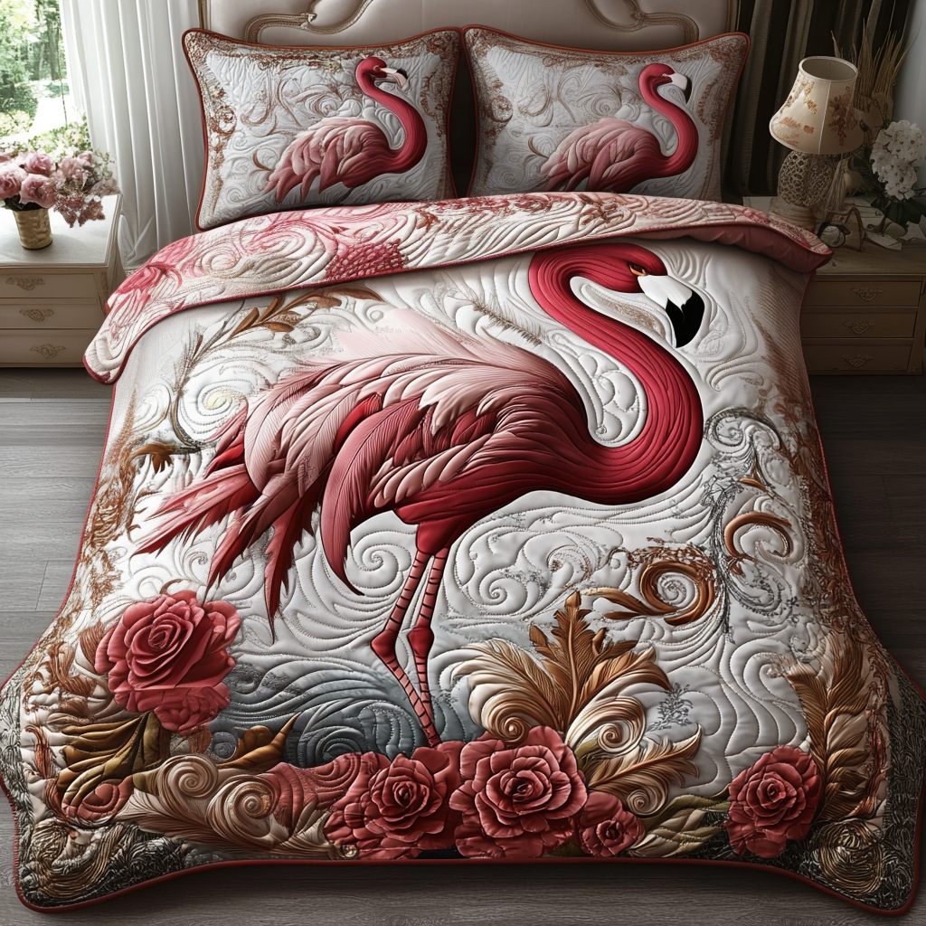 Majestic Flamingo Quilted Bedding Set Holiday Duvet Cover Set Best Flamingo Lover Gifts For Him