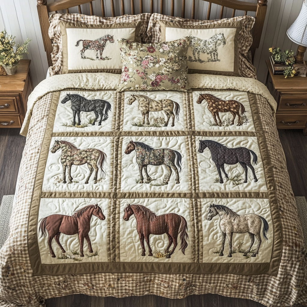 Majestic Gallop Quilted Bedding Set Xmas Holiday Duvet Cover Set Horse Themed Presents