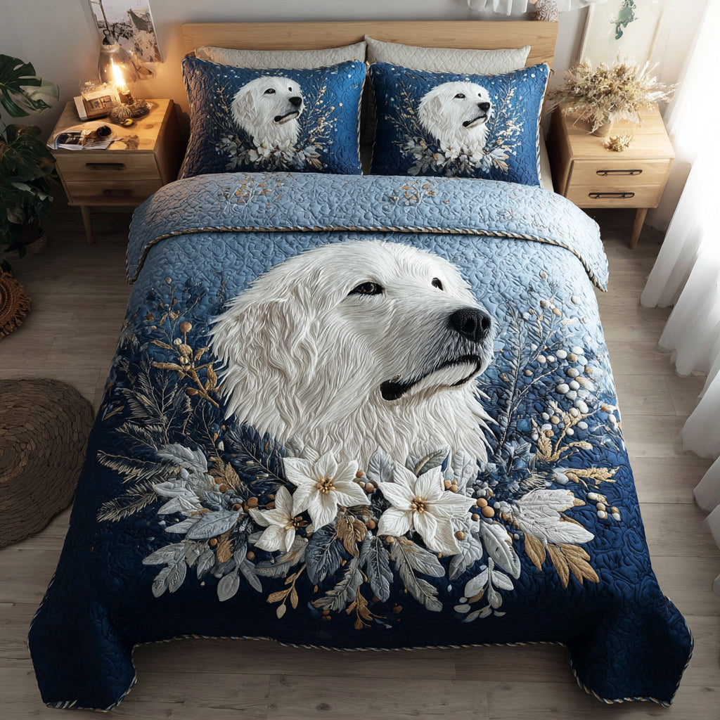 Majestic Great Pyrenees Quilted Bedding Set Holiday Season Duvet Cover Set Xmas Gift For Dog Lover