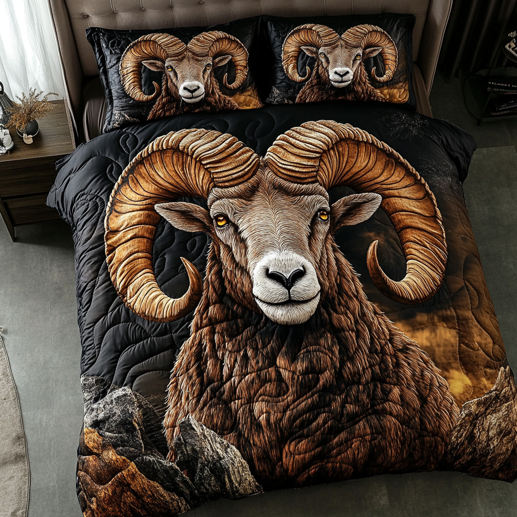 Majestic Horns Quilted Bedding Set Bed Room Decoration Christmas Gifts For Sheep Farmers