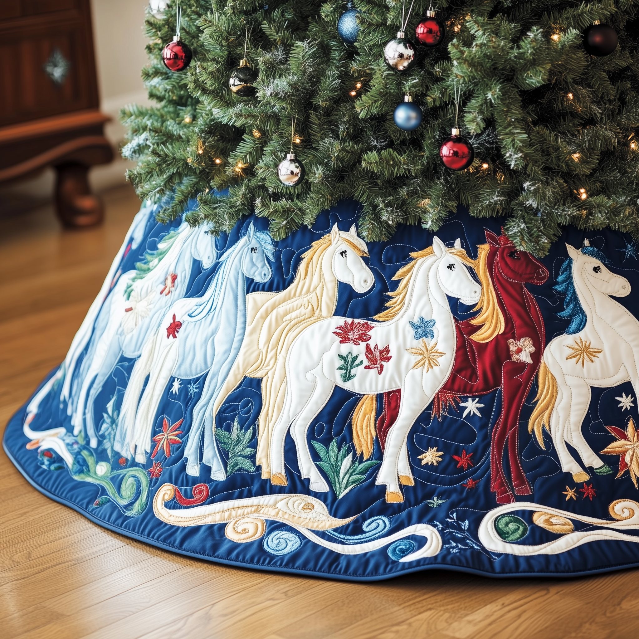 Majestic Horse Christmas Tree Skirt Quilted Handmade Holiday Gift for Cozy Winter Homes