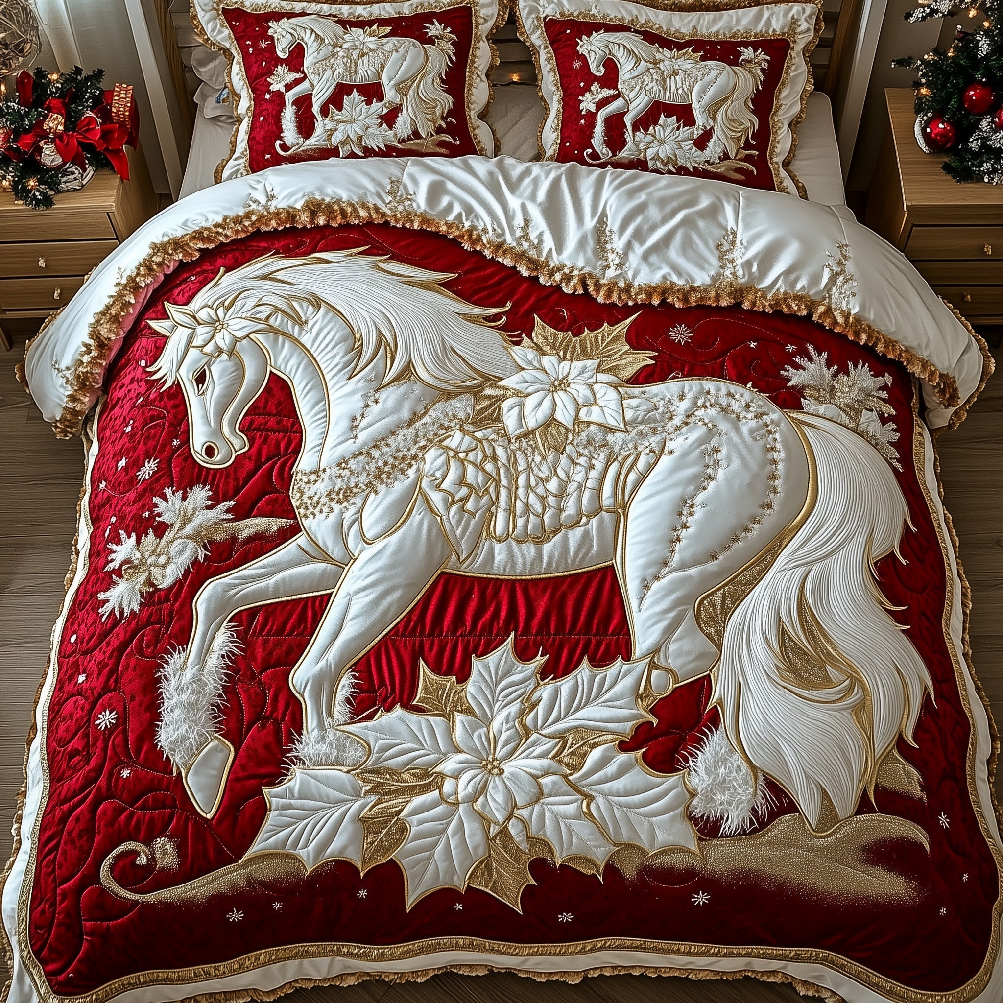 Majestic Horse Merry Christmas Quilted Bedding Set Wild Horse Inspired Theme Xmas Bedroom Decor