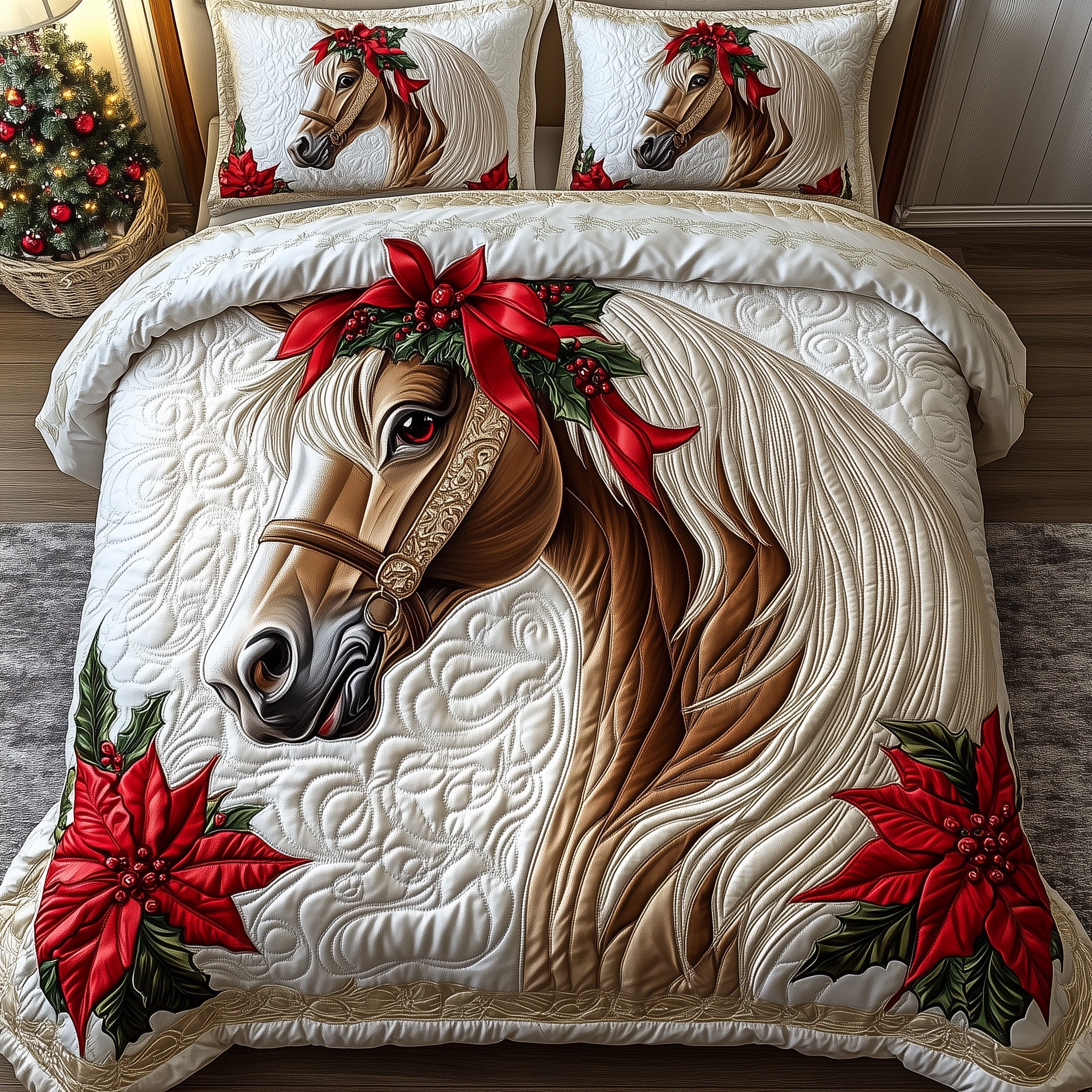 Majestic Horse Merry Christmas Quilted Bedding Set Xmas Horse Inspired Theme Horse Lovers Gifts