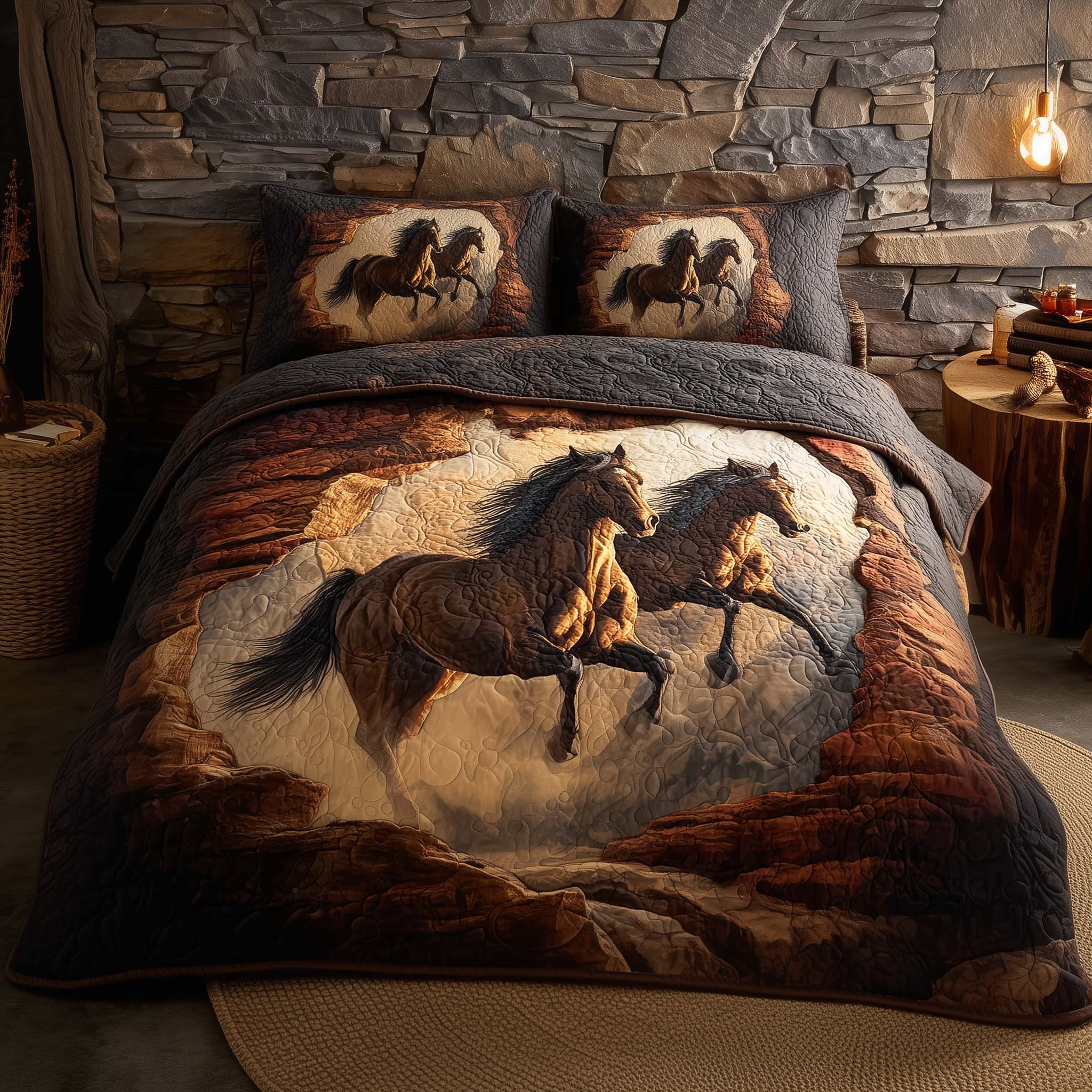 Majestic Horse Quilted Bedding Set Galloping Horse Bedroom Decor Gift For Horse Lovers