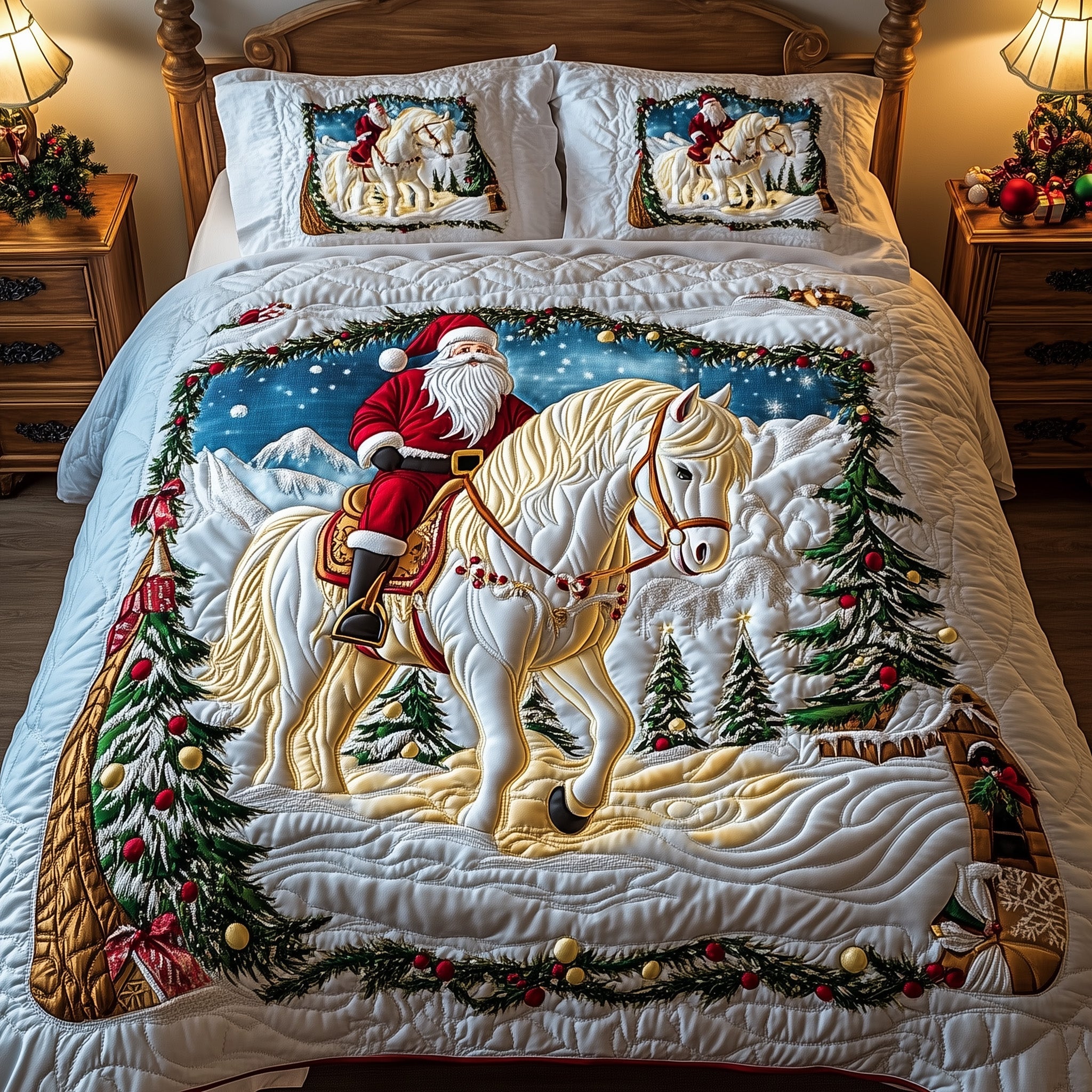Majestic Horse Quilted Bedding Set Golden Horse Santa On Horseback Bedding Gifts