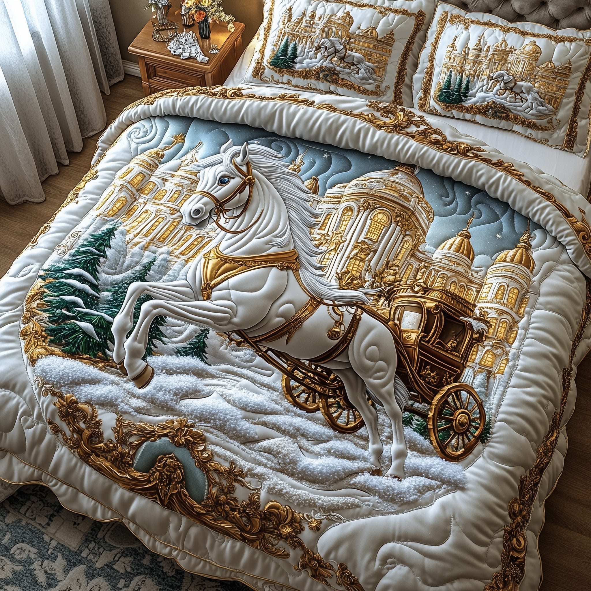 Majestic Horse Quilted Bedding Set White Carthorse Pattern Merry Christmas Day Gifts