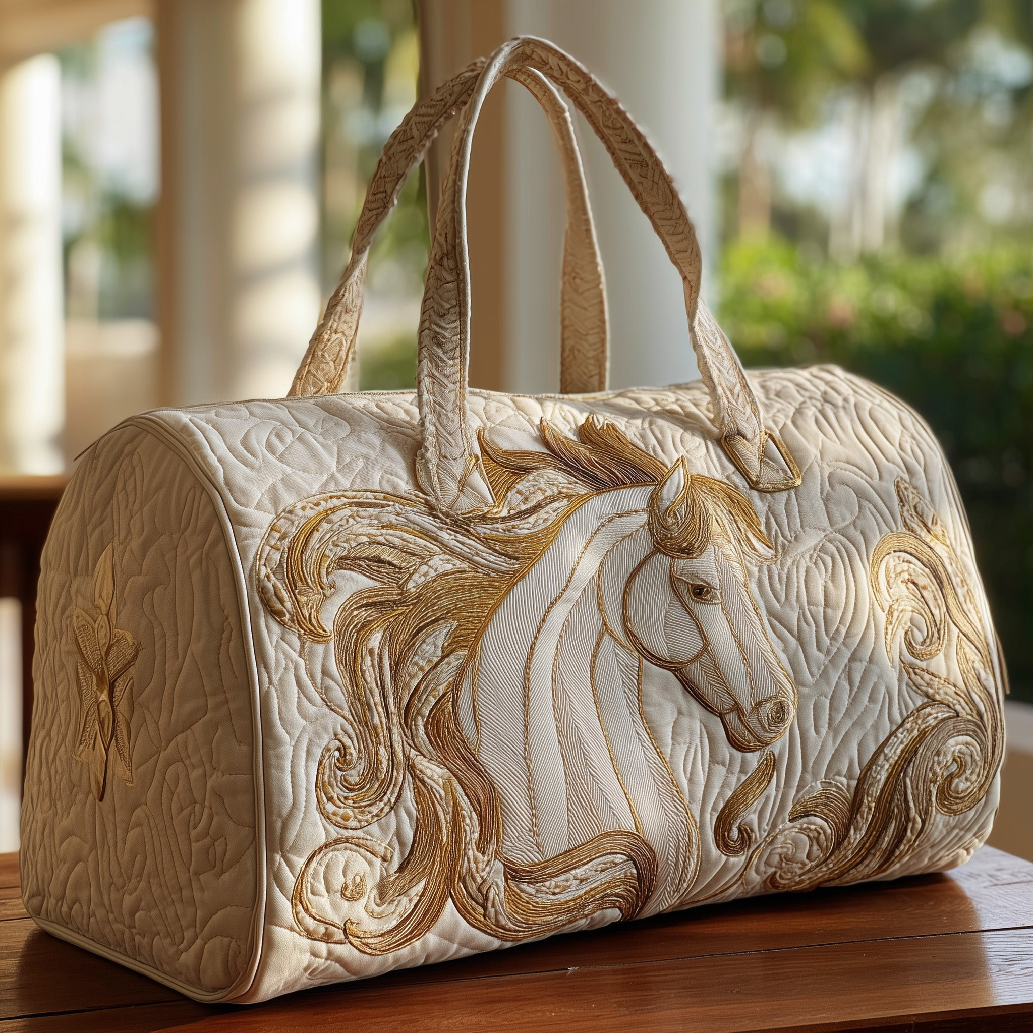Majestic Horse Quilted Duffle Bag White Gold Embroidered Horse Travel Bag Best Gift For Horse Lovers