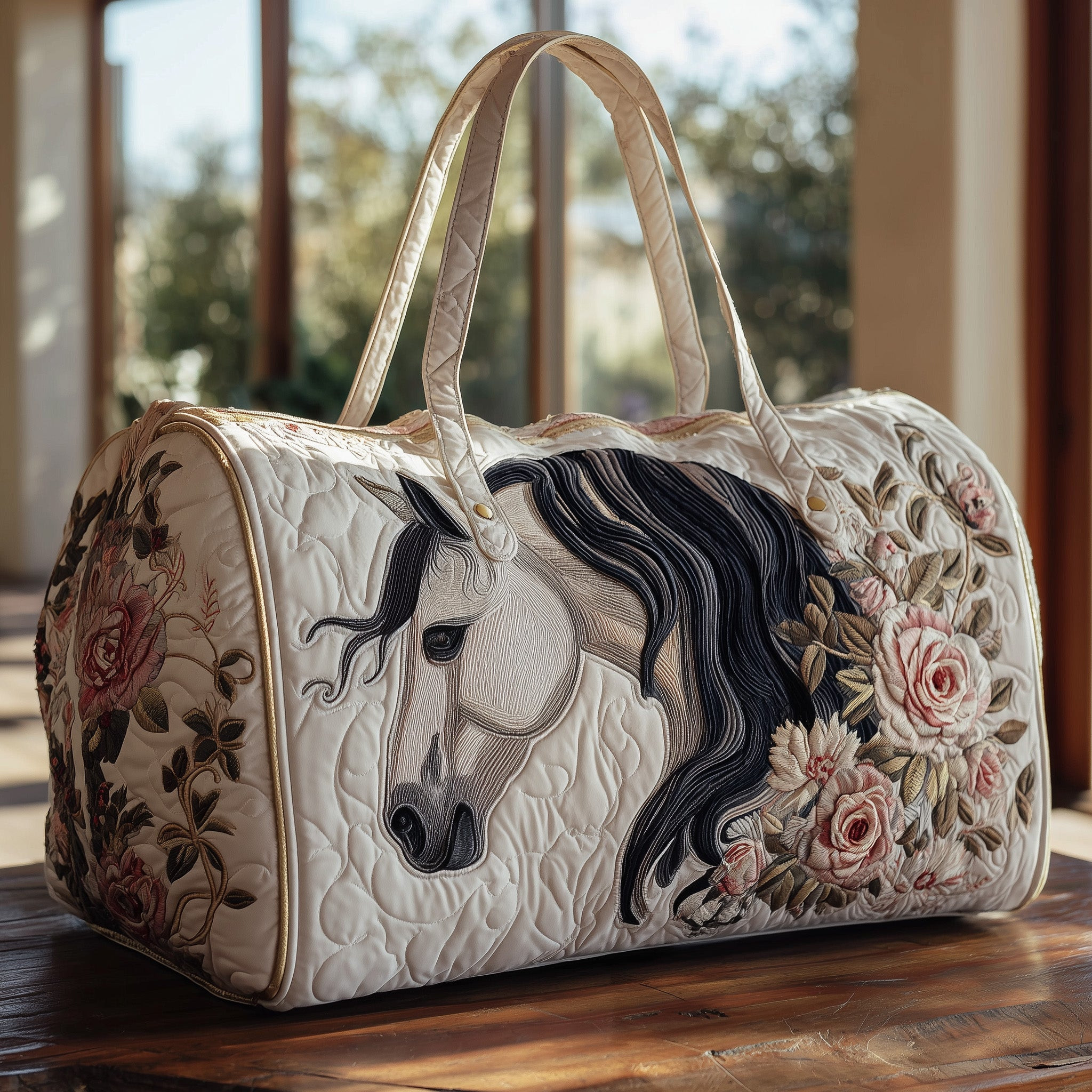 Majestic Horse Rose Quilted Duffle Bag White Floral Equestrian Bag Best Gift Ideas For Horse Lovers
