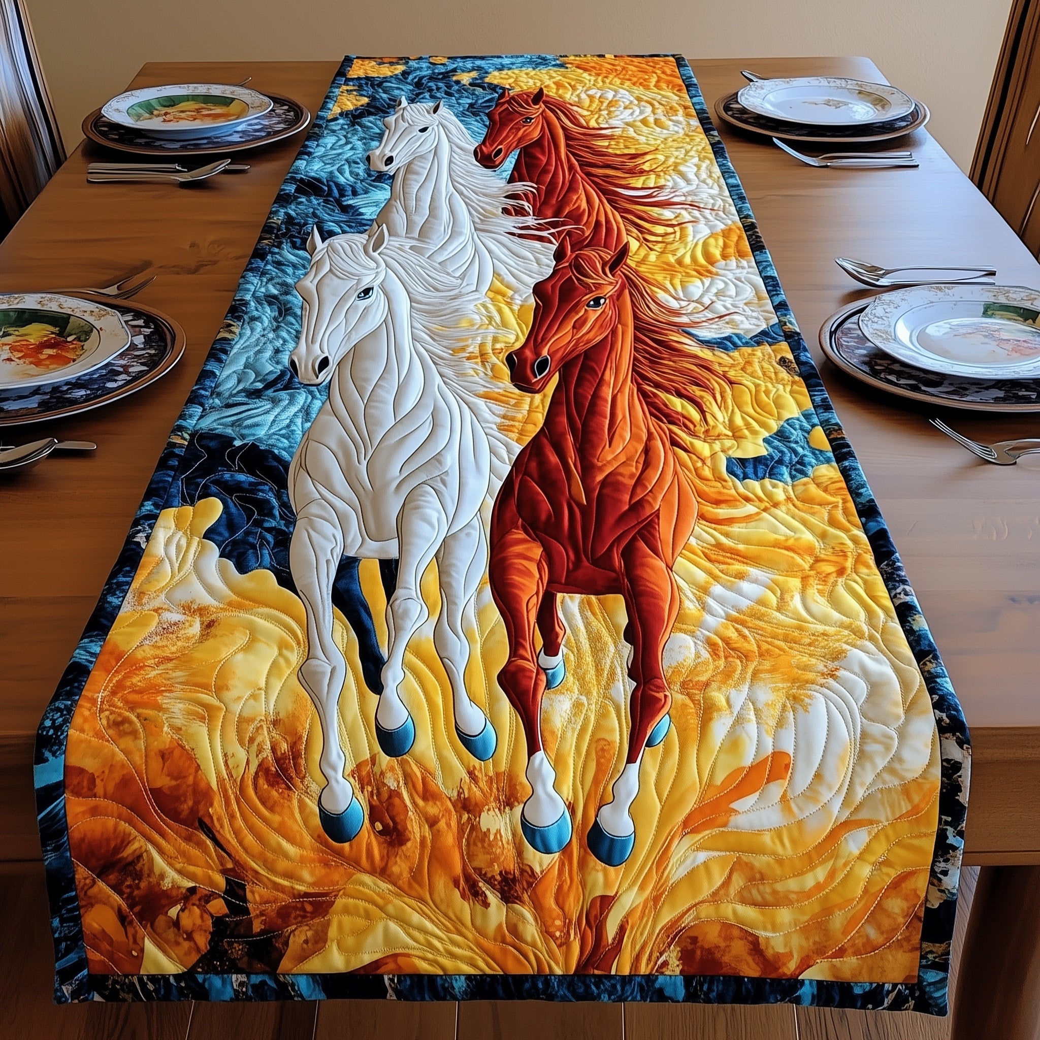 Majestic Horse Run Quilted Table Runner Cozy Christmas Table Runner
