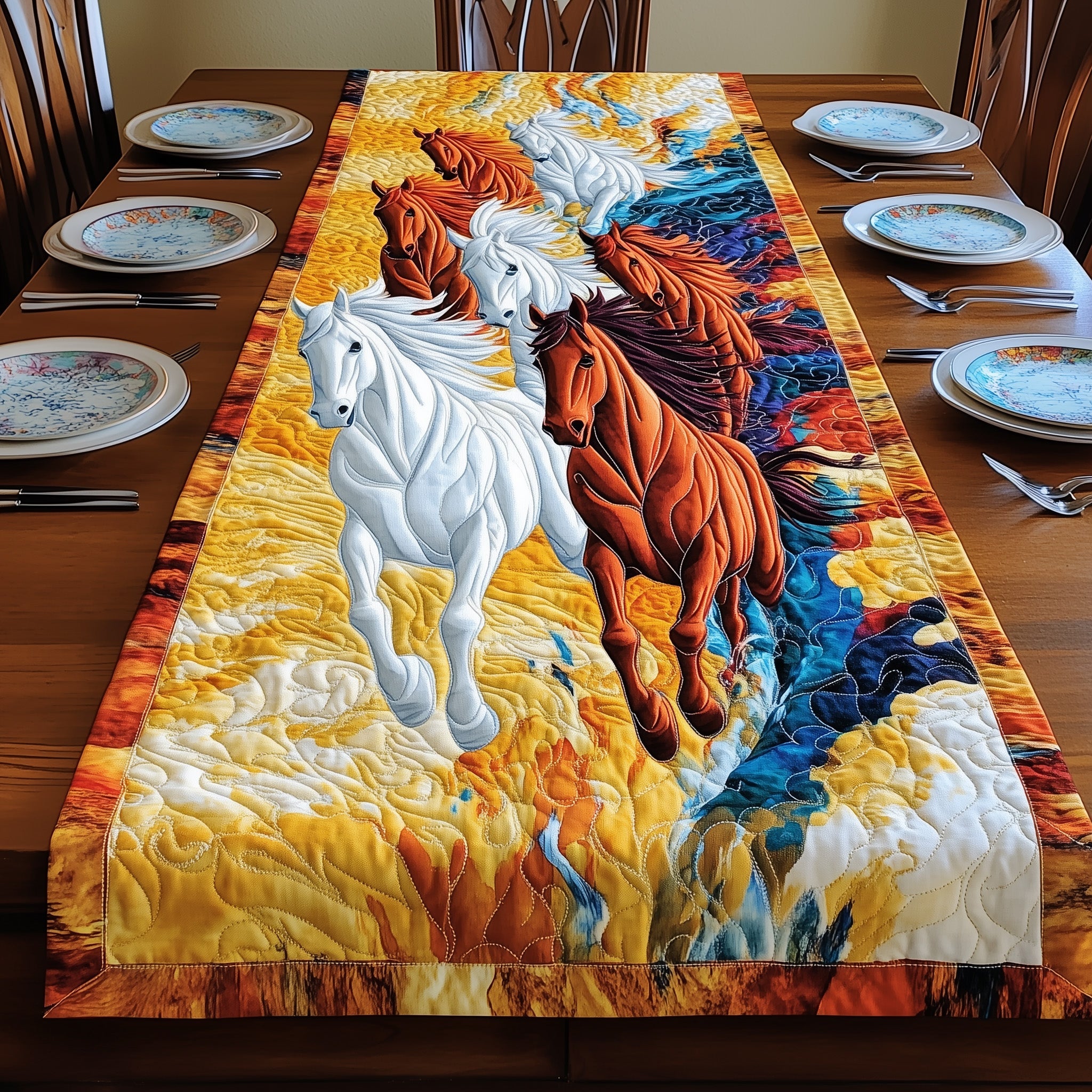 Majestic Horse Run Quilted Table Runner Holiday Table Runner Decoration