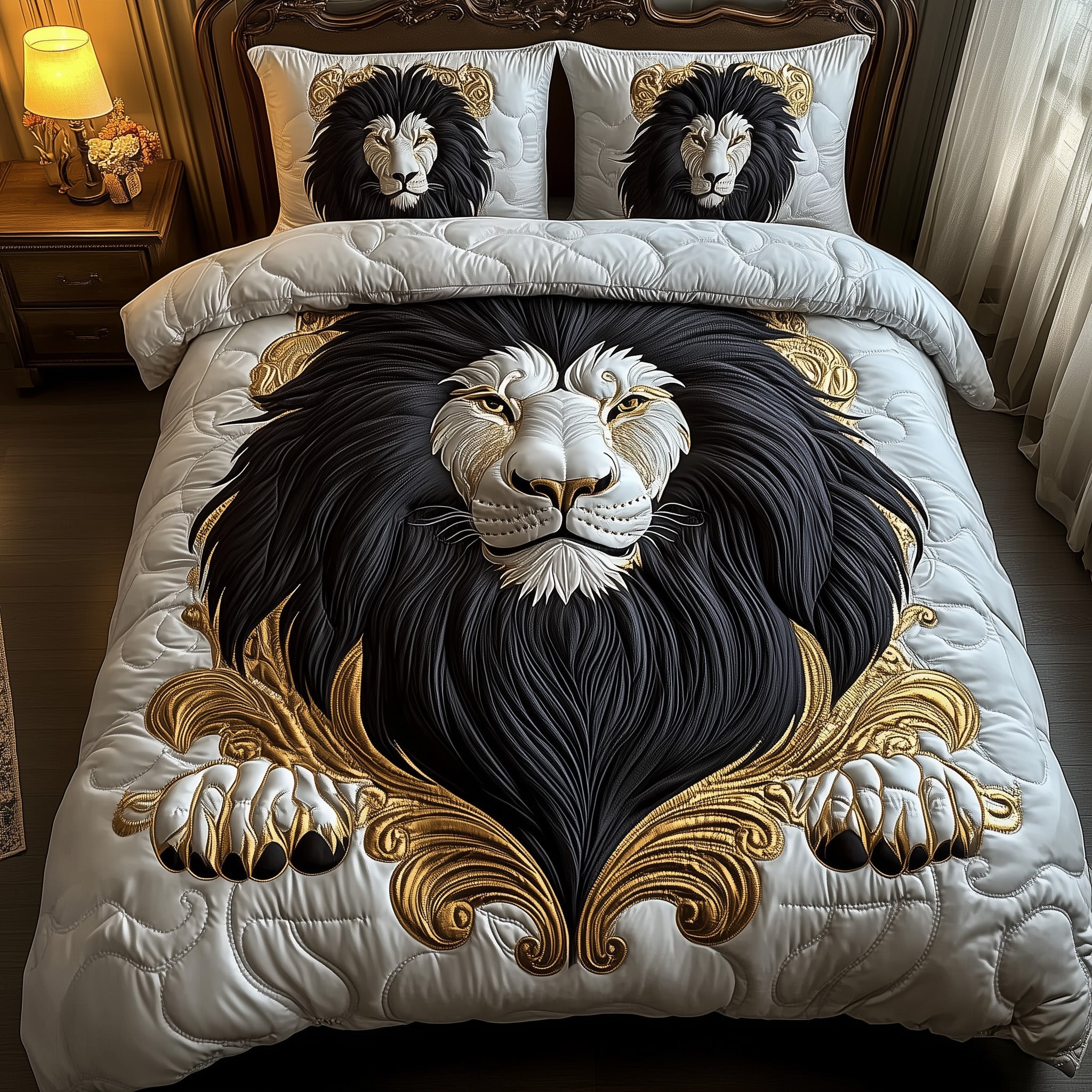 Majestic Lion Quilted Bedding Set Fierce Lion Theme Illustration Unique Animal Lover Bedding