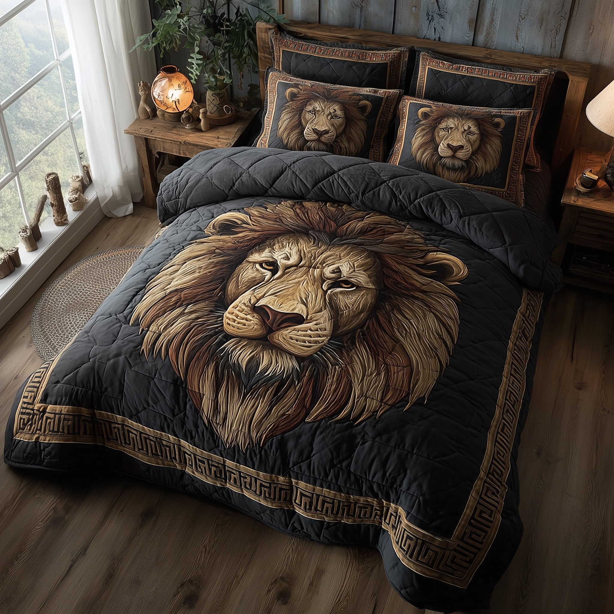 Majestic Lion Quilted Bedding Set Floral Print