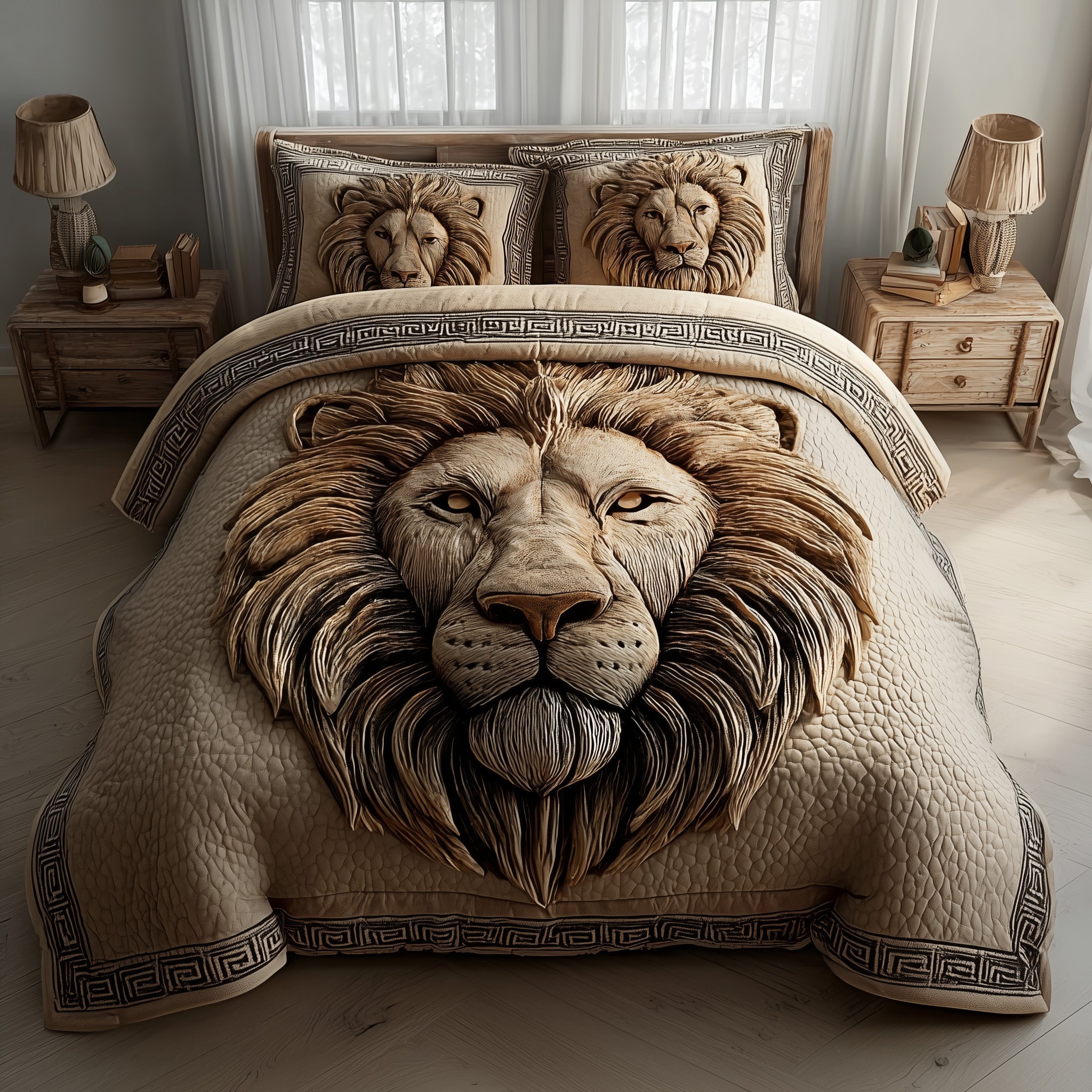 Majestic Lion Quilted Bedding Set Geometrical Pattern