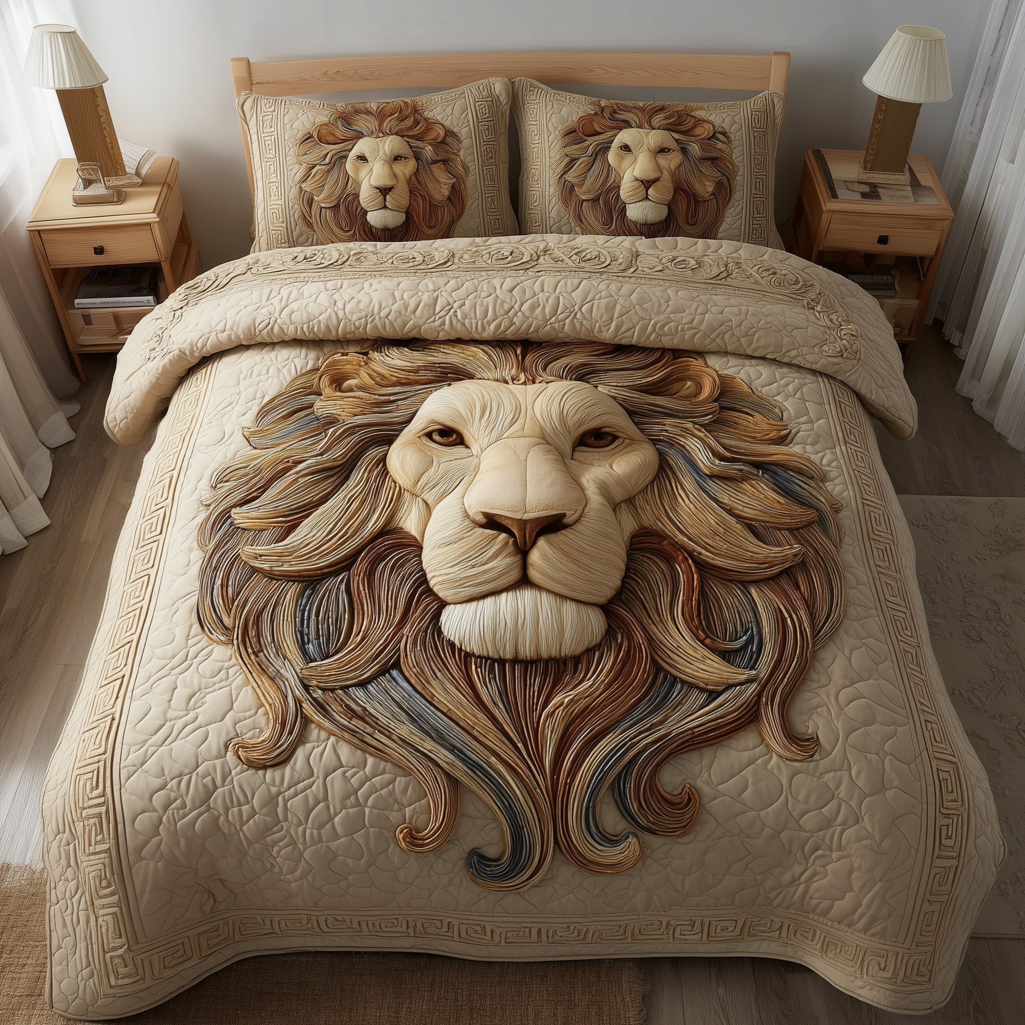 Majestic Lion Quilted Bedding Set Striped Design