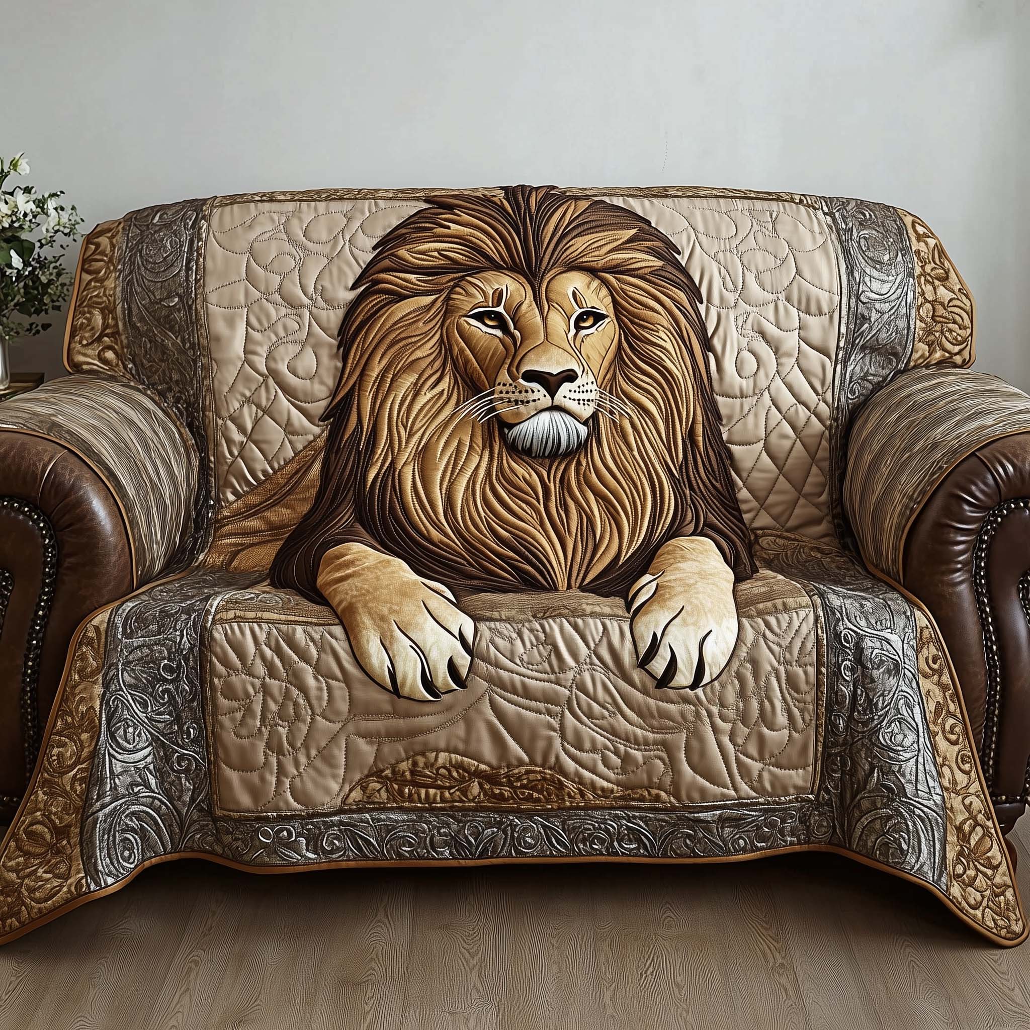 Majestic Lion Quilted Sofa Cover Powerful Safari King Sofa Protector Good Lion Themed Gifts