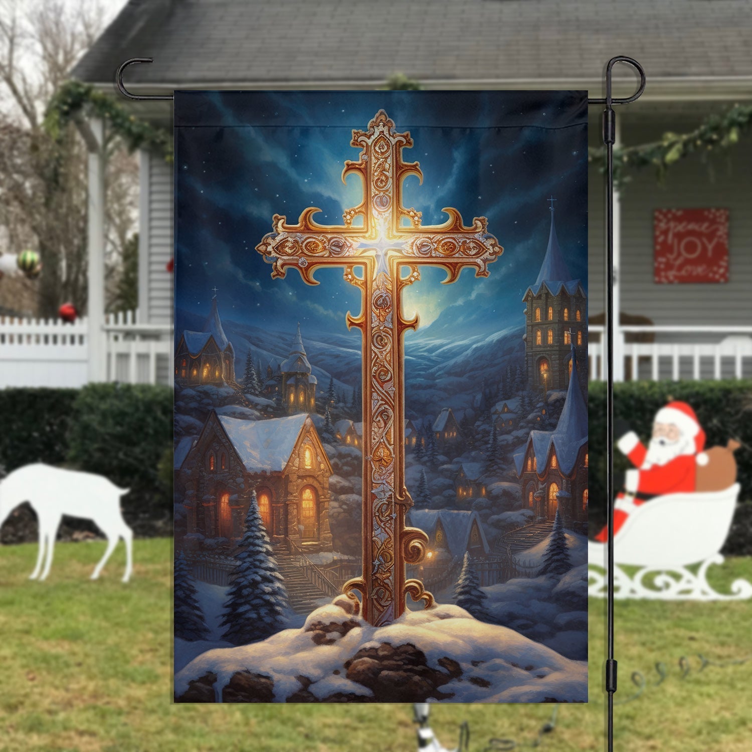 Majestic Midnight Cross Xmas Garden Flag Faith Cross Design Christian Christmas Gifts