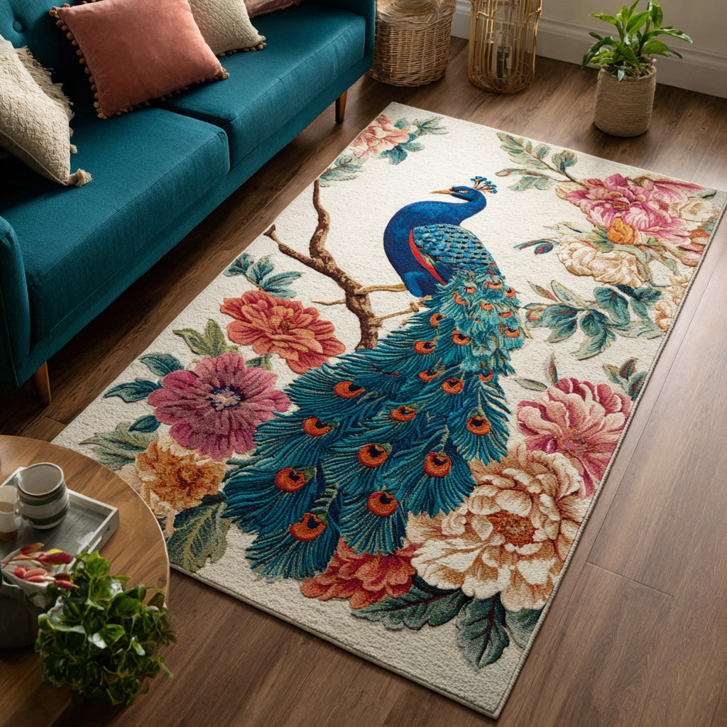Majestic Peacock Bloom Area Rug Dining Room Decor Unique Gifts For Bird Lovers