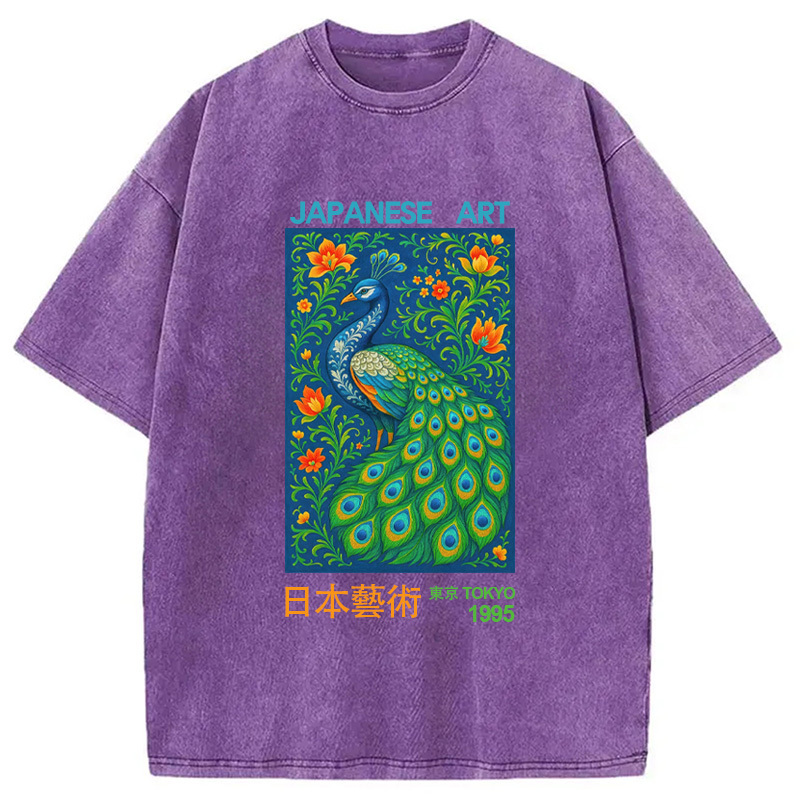 Majestic Peacock Japanese Art Washed T-Shirt Classic Graphic Fashion Tee Gifts For Sister