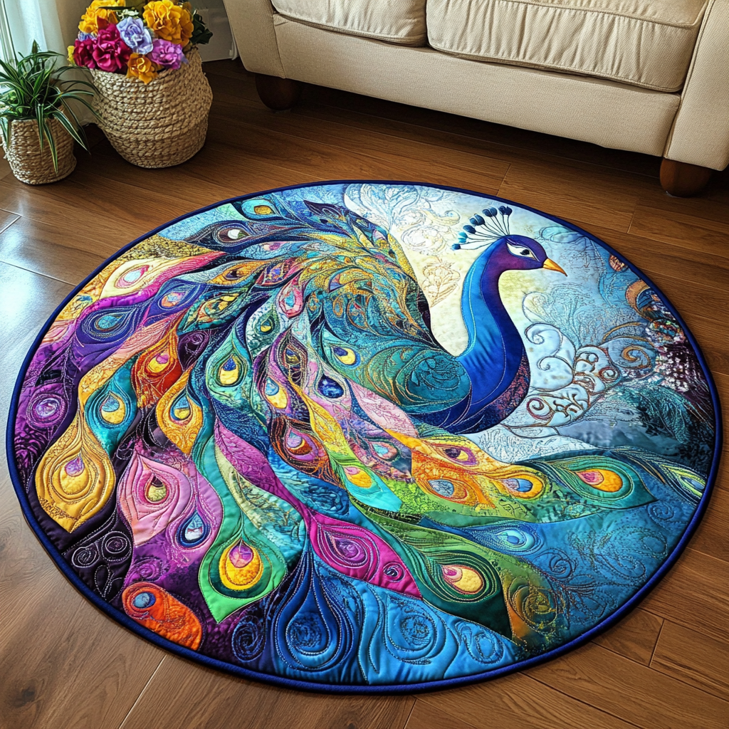 Majestic Peacock Quilted Round Mat Christmas Decor For Entryway Unique Gifts For Bird Watchers