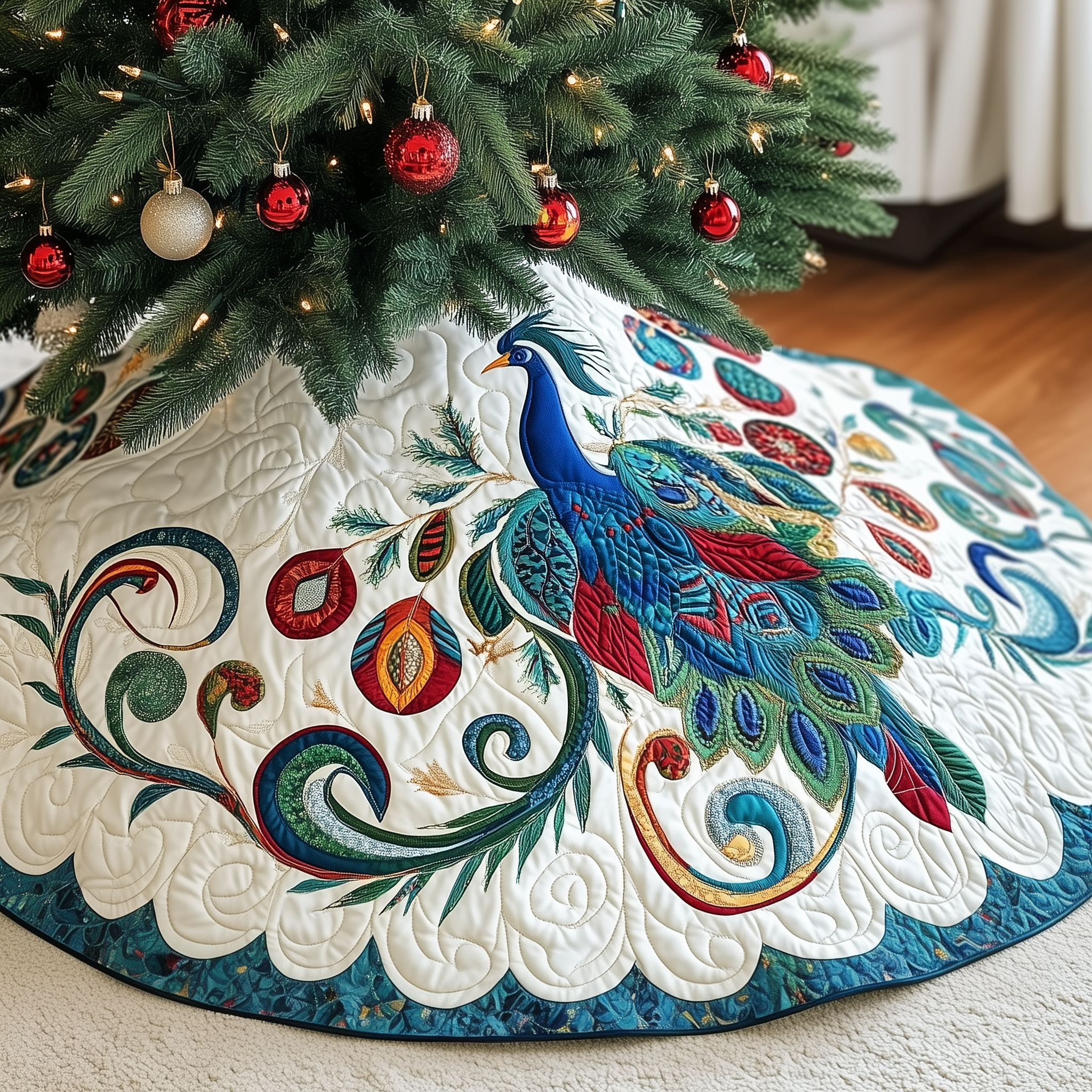 Majestic Peacock Target Tree Skirt Quilted Handmade Holiday Gift for Elegant and Luxurious Decor