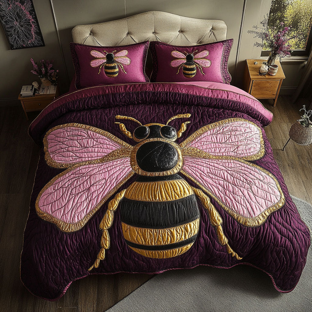 Majestic Pink Bee Quilted Bedding Set Christmas Bedding Sets Best Bee Gifts