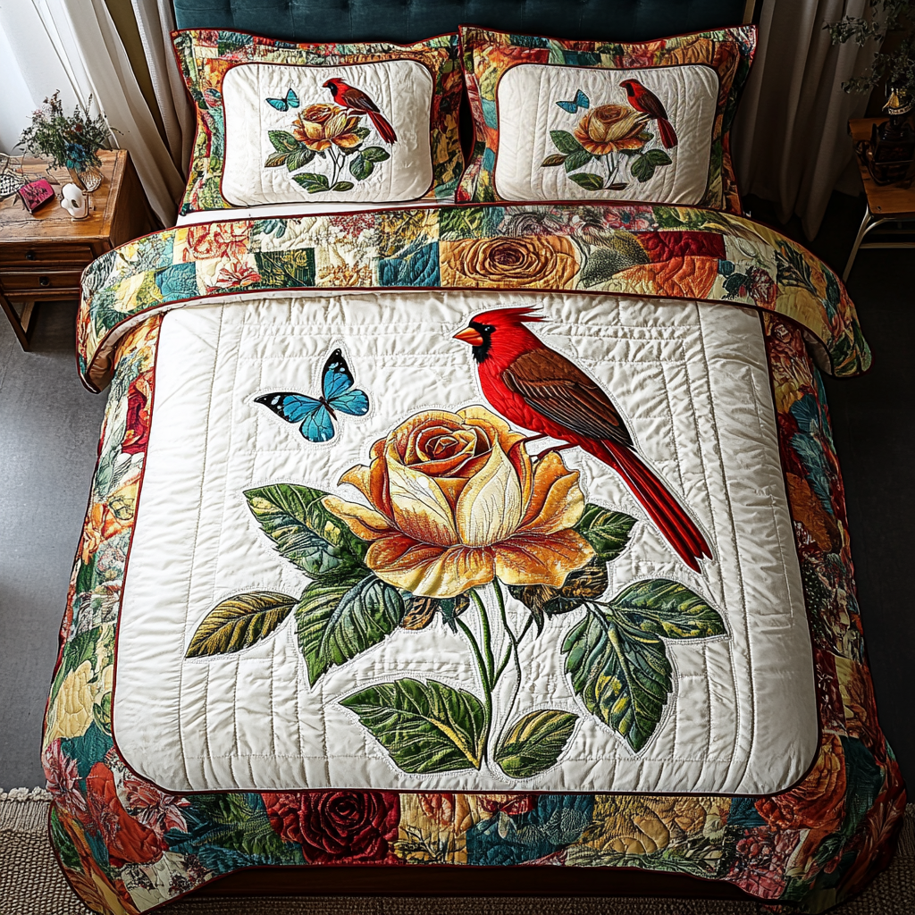 Majestic Redbird Quilted Bedding Set Christmas Bedroom Decor Red Cardinal Bird Gifts