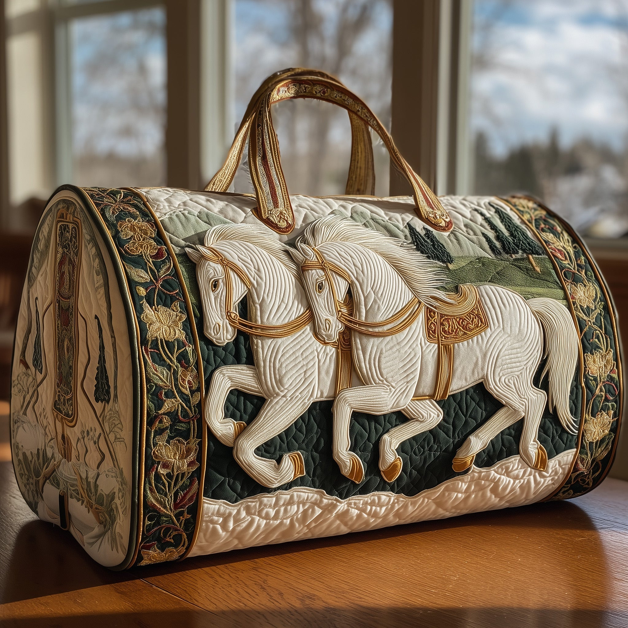 Majestic Running White Horses Quilted Duffle Bag Gold Equestrian Travel Bag Gift For Horse Lovers