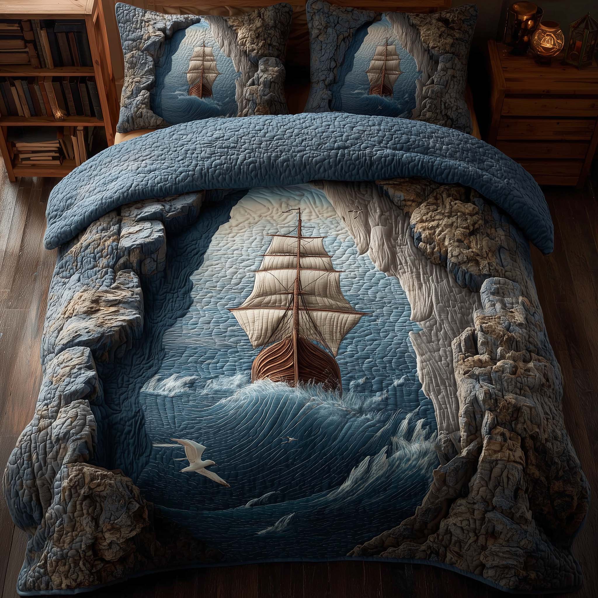 Majestic Ship Quilted Bedding Set Nautical Bedroom Decor Best Gift For Ocean Lovers