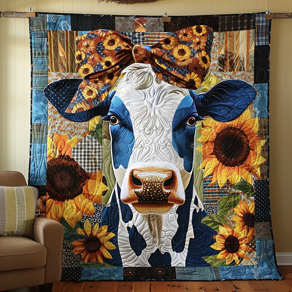 Majestic Sunflower Bovine Quilted Blanket Presents For Cow Lovers