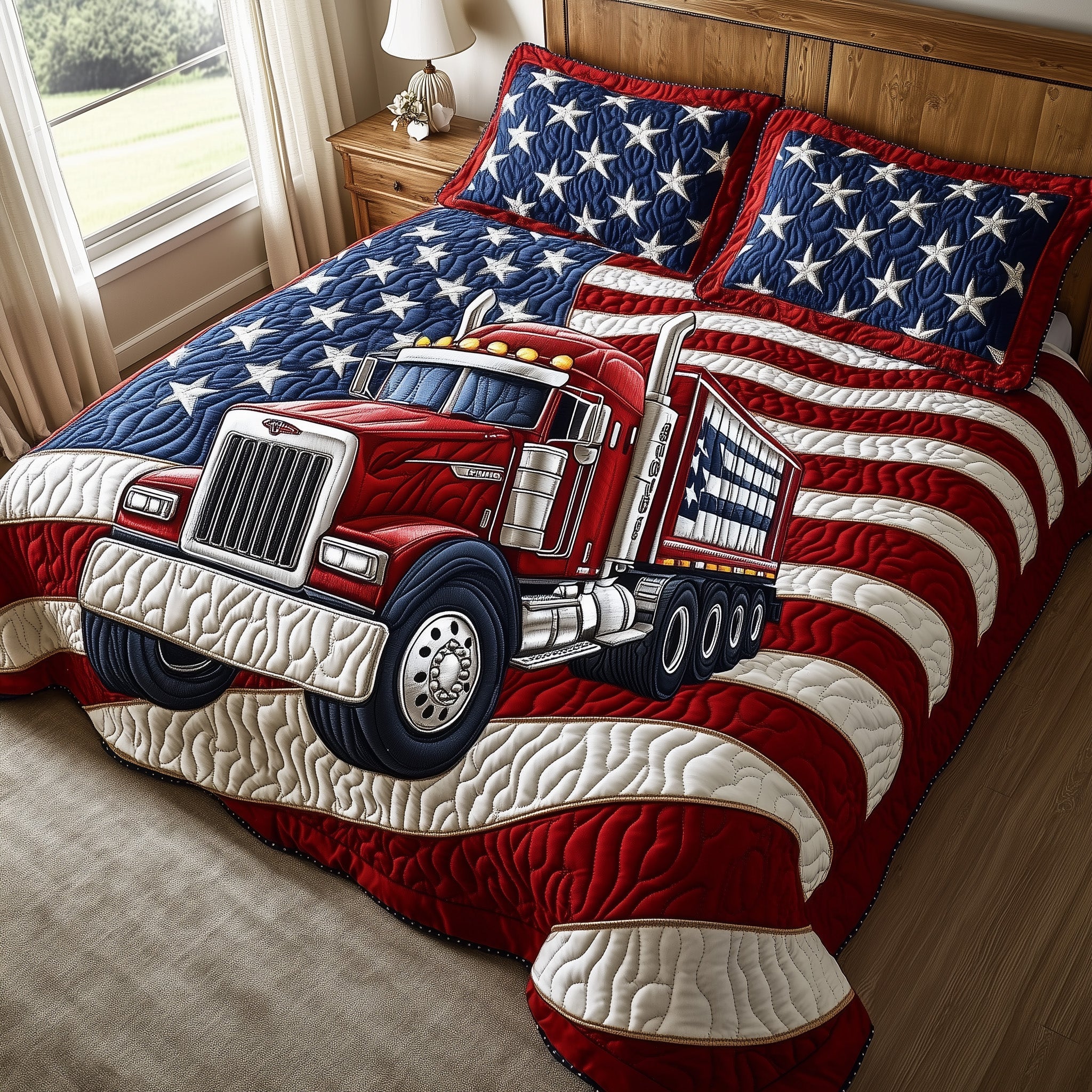 Majestic Truck Voyage Quilted Bedding Set Duvet Cover Bedspread Tractor Related Gifts Christmas