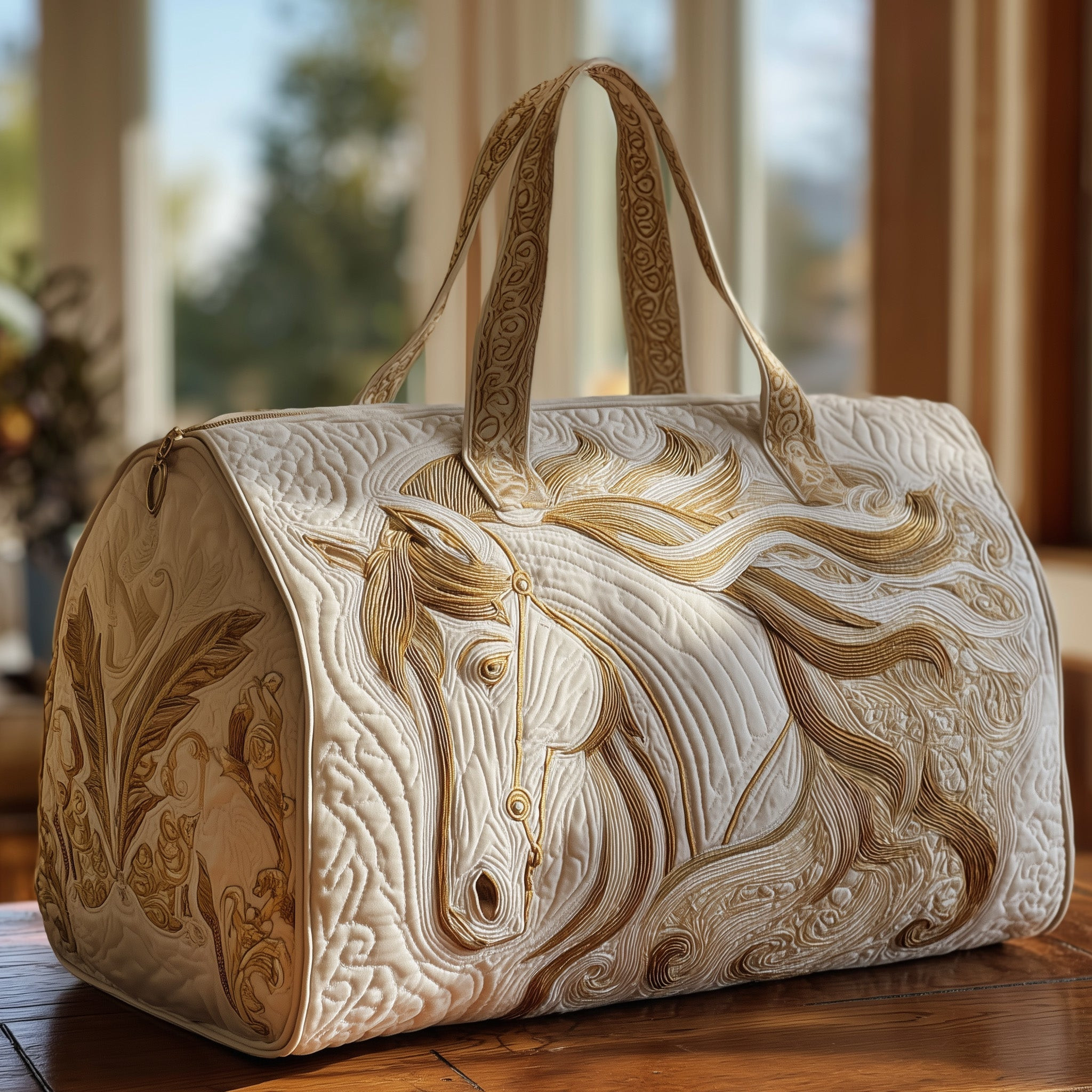 Majestic White Horse Quilted Duffle Bag Gold Mane Equestrian Travel Bag Best Gift For Horse Lovers
