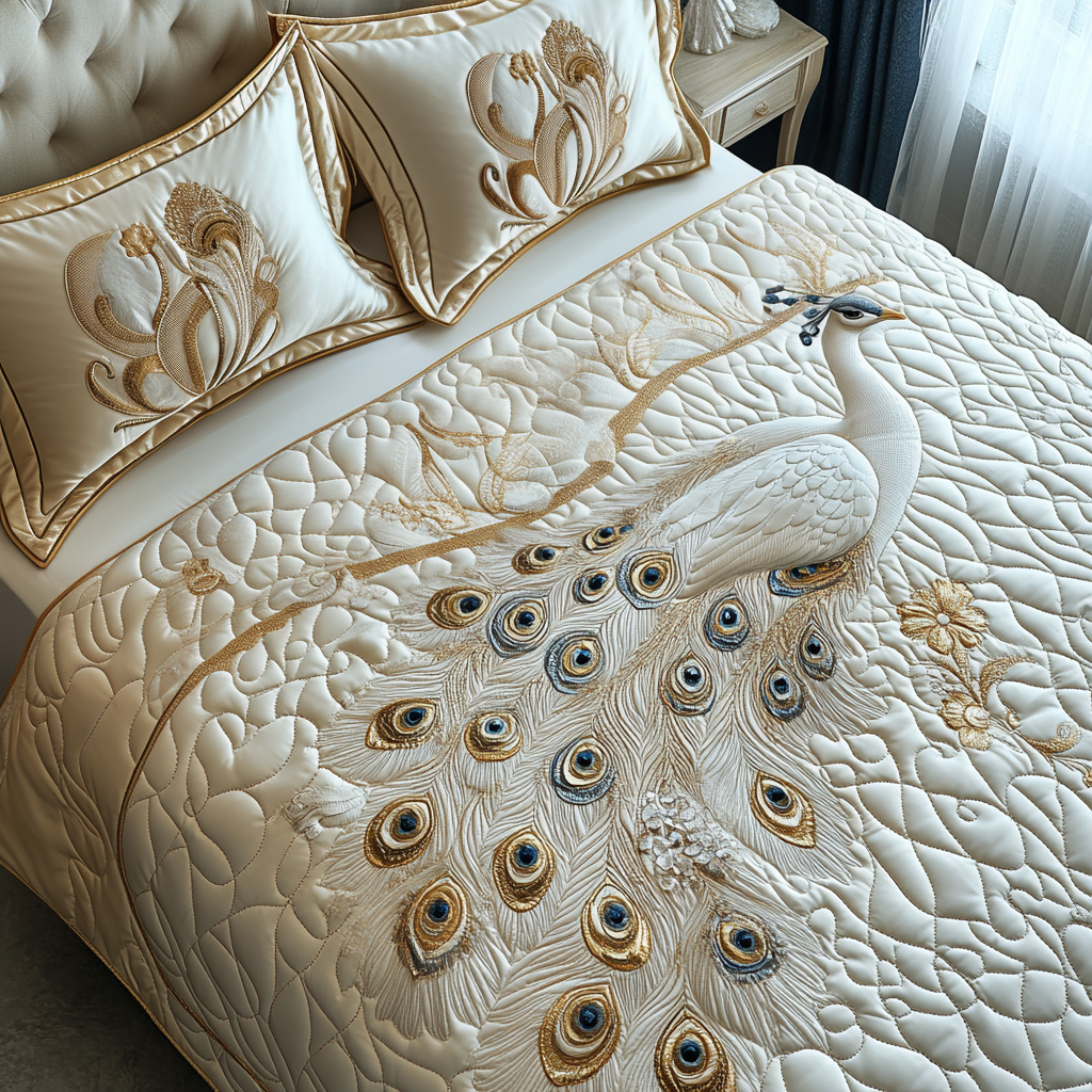 Majestic White Peacock Quilted Bedding Set Aesthetic Room Decor Peacock Gifts For Her