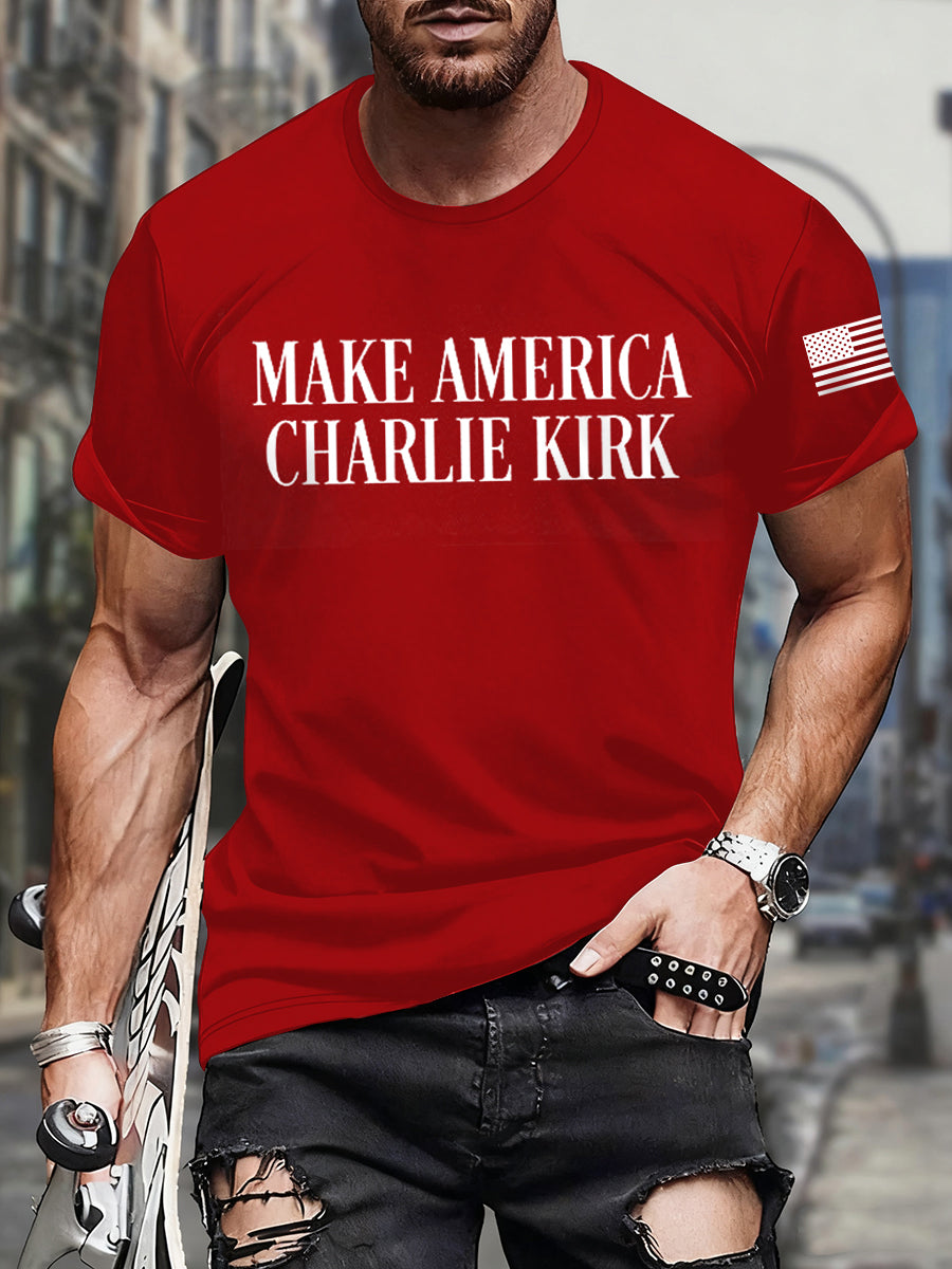 Make American Charlie Kirk Print Short Sleeved T Shirt Pure Red Charlie Kirk Apparel