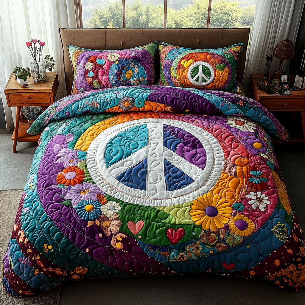 Make Love Not War Quilted Bedding Set Unique Bed Sheet Set Gifts For Your Hippie Friend