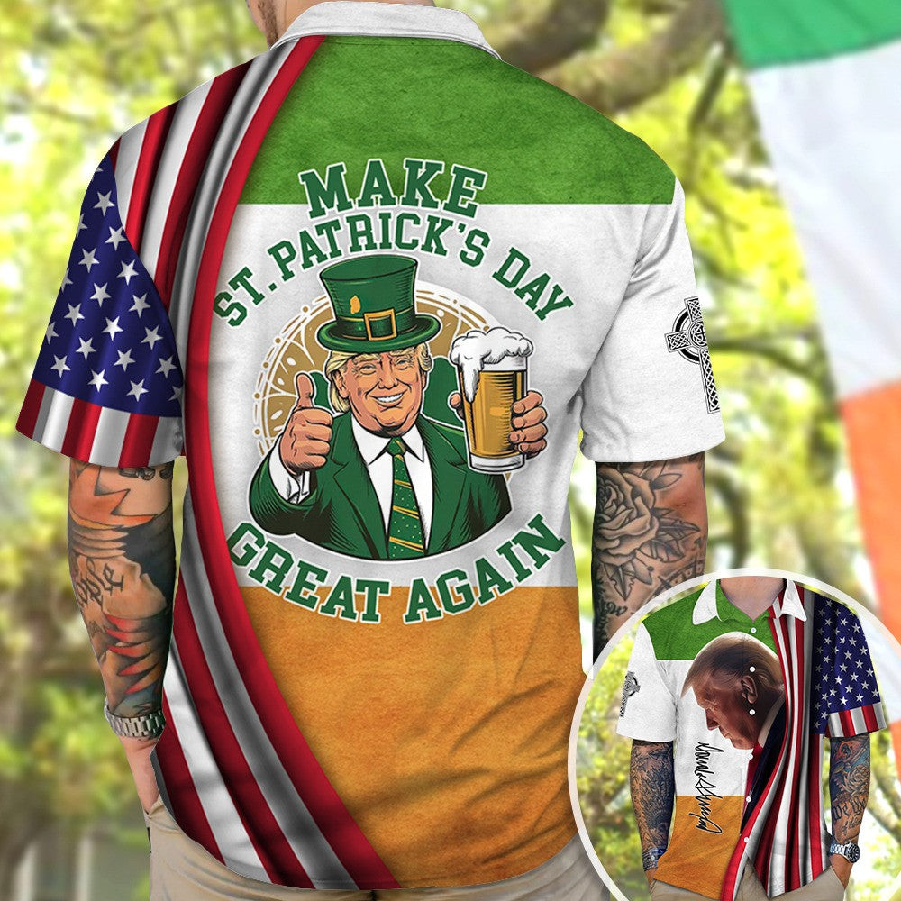 Make St Patrick's Day Great Again Hawaiian Shirt Trump Drinking 45-47 Merchandise