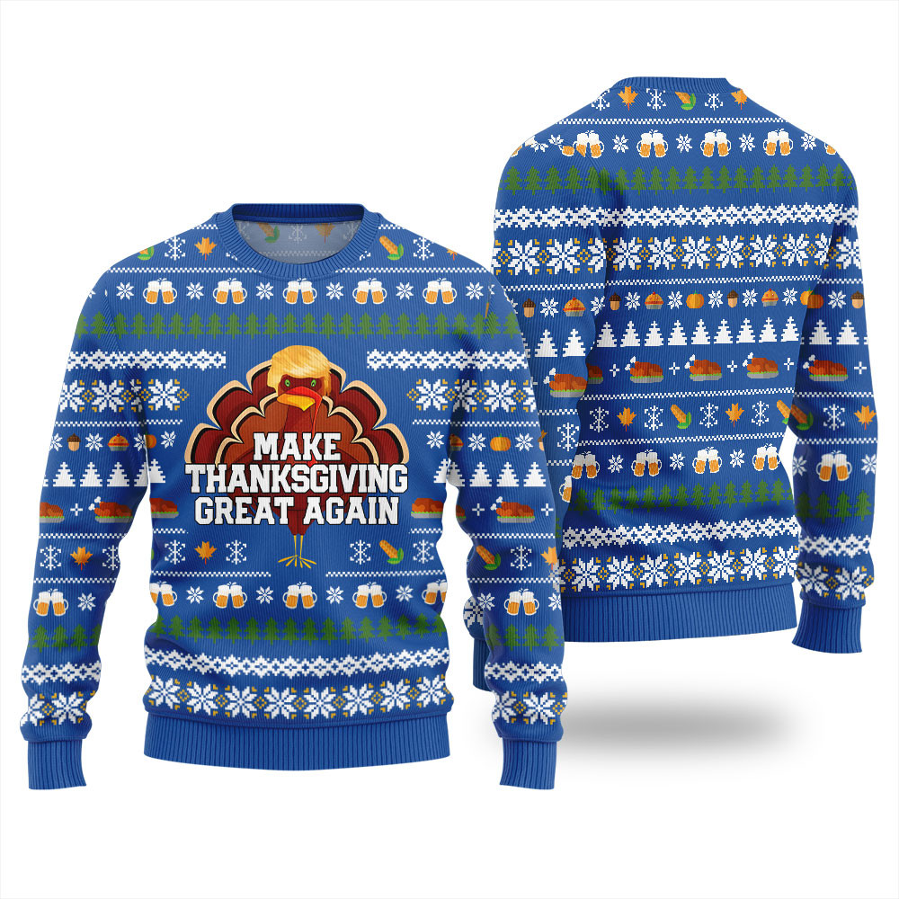 Make Thanksgiving Great Again Funny Ugly Sweater Royal Trendy Christmas Sweater for Winter Outfits