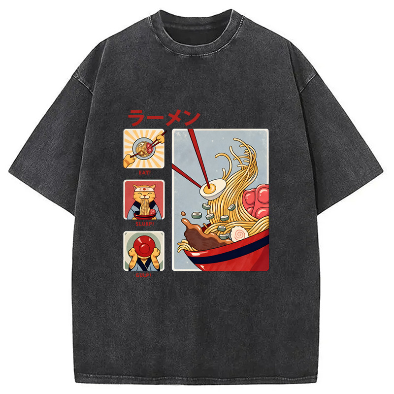 Making Ramen Steps To Cats Washed T-Shirt Retro Humor Graphic Top Gifts For Friends