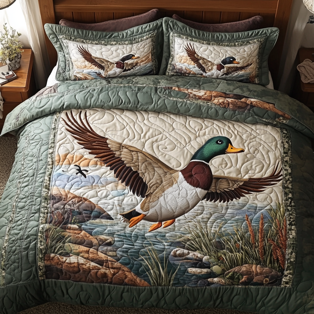 Mallard Ducks Adventure Quilted Bedding Set Cozy Bedroom Decor Christmas Gifts For Duck Hunters