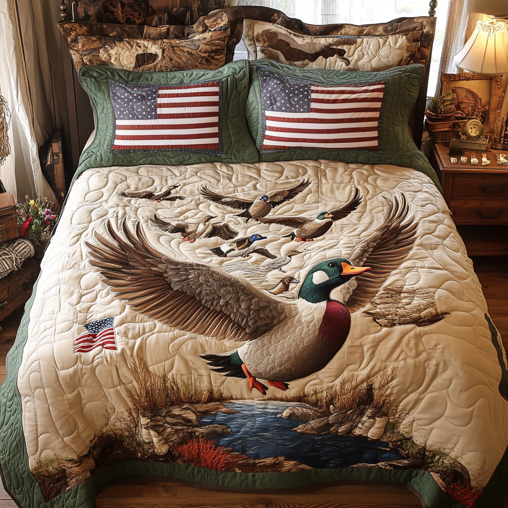 Mallard Ducks Chase Quilted Bedding Set Duvet Cover Bed Sheet Set Best Gifts For Duck Hunters