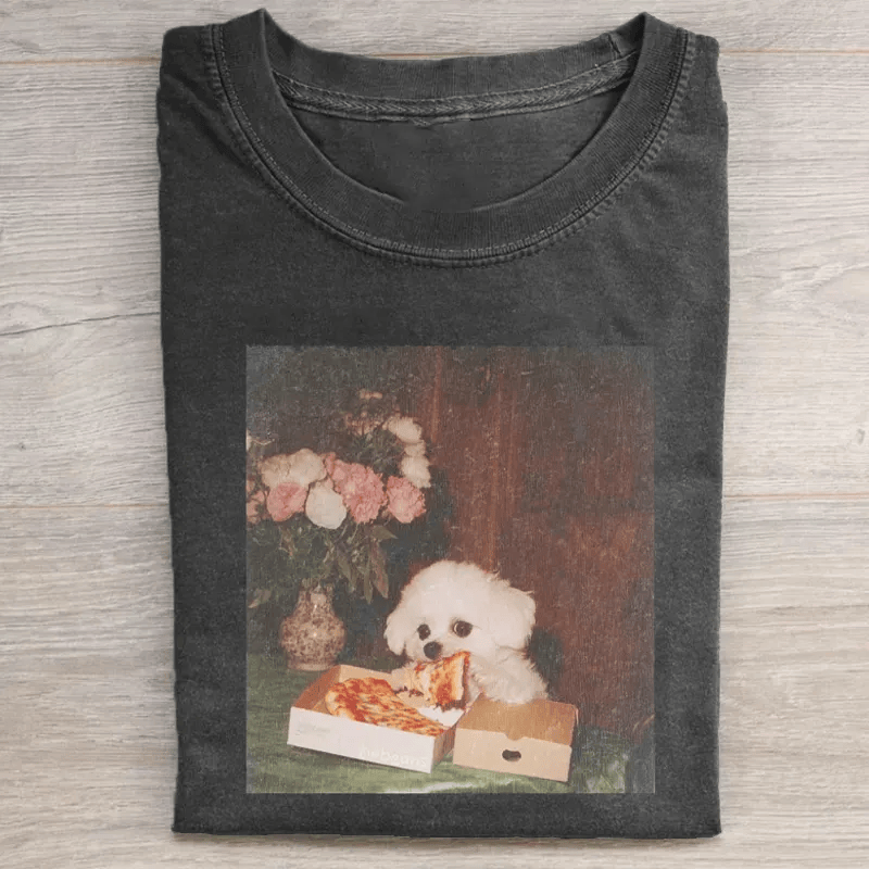Maltese Eating Pizza Aesthetic T-Shirt Funny Cute Dog Lover Tee Vintage Dog Art Shirt Best Gift For Dog Moms